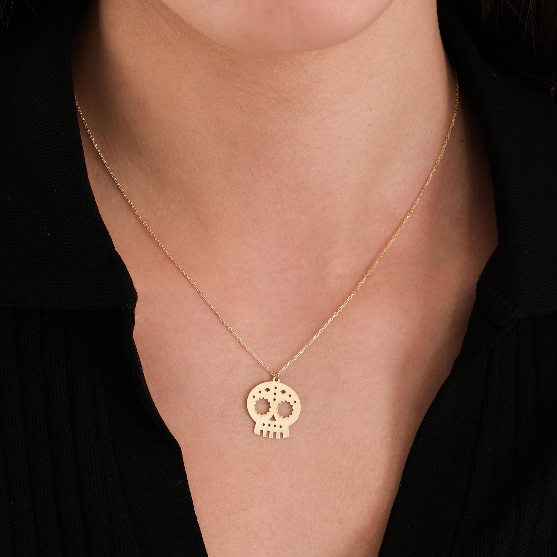 14K Solid Gold Mexican Skull Necklace, Day of the Dead Necklace,Halloween Skull Necklace, Gothic Necklace, Halloween Jewelry Gift