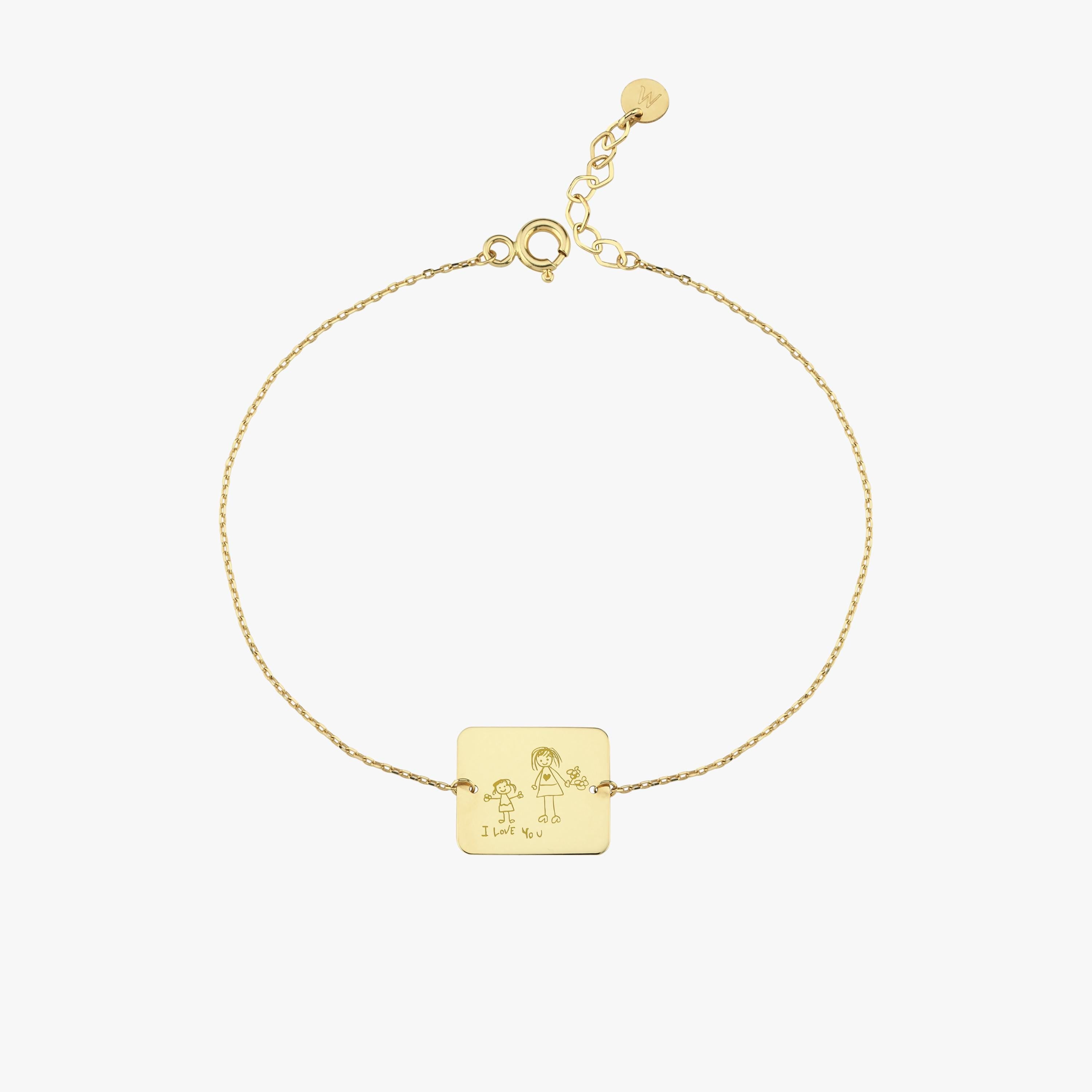 Circularly laid 14K solid gold Kids Handwriting Bracelet showing the engraved child-like illustration and text.