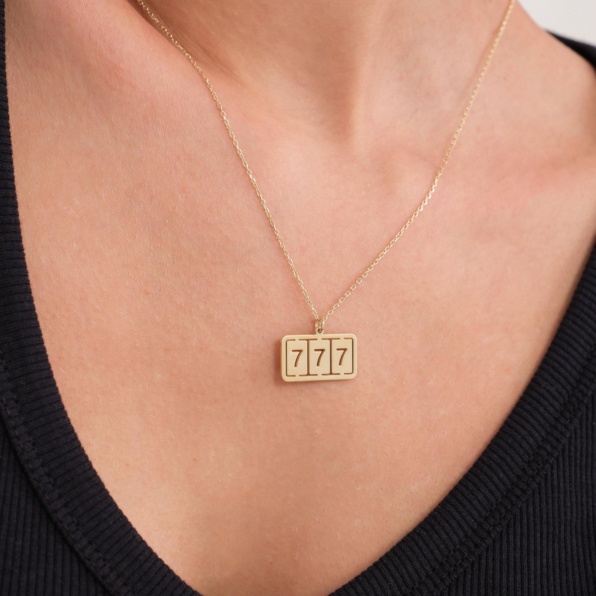 14K Solid Gold Angel Numbers Bar Necklace, 777 Necklace, Lucky Number Necklace, Angel Number, Christmas Gift Women