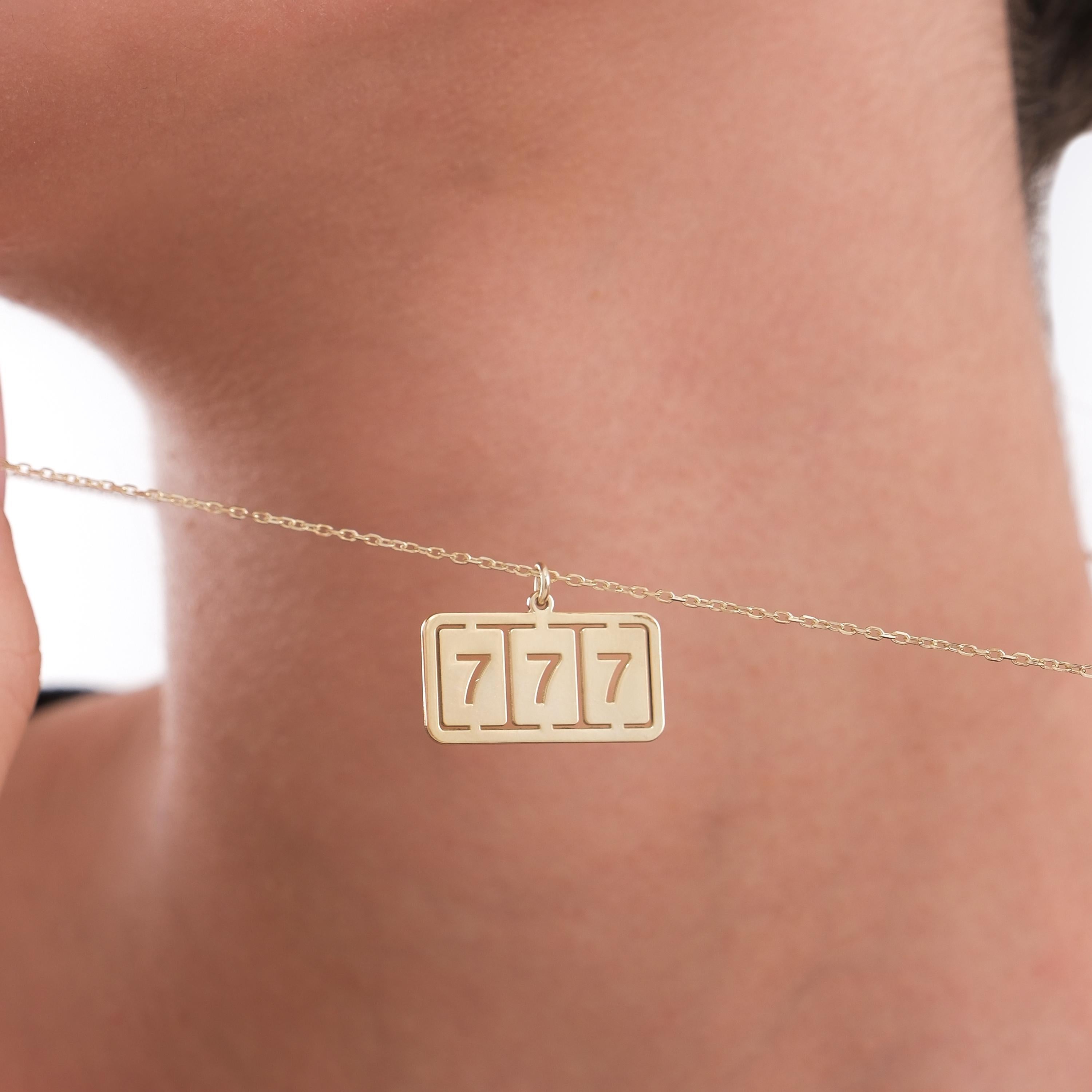 14K Solid Gold Angel Numbers Bar Necklace, 777 Necklace, Lucky Number Necklace, Angel Number, Christmas Gift Women