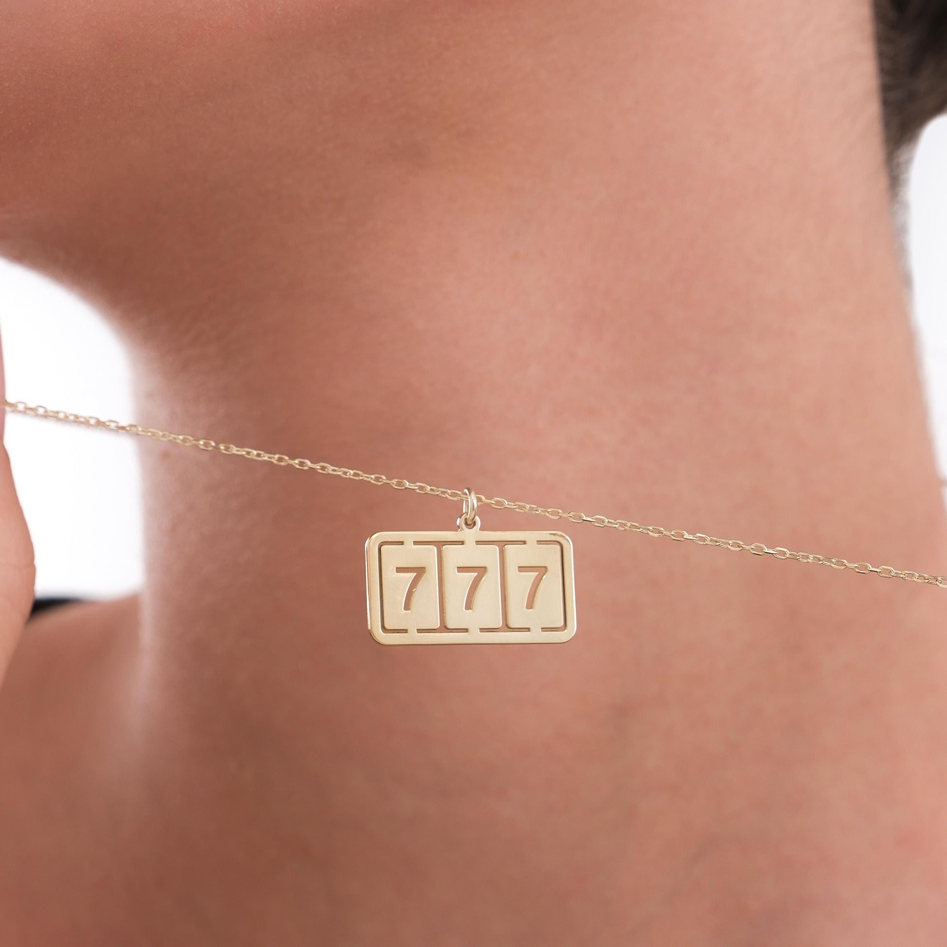 14K Solid Gold Angel Numbers Bar Necklace, 777 Necklace, Lucky Number Necklace, Angel Number, Christmas Gift Women