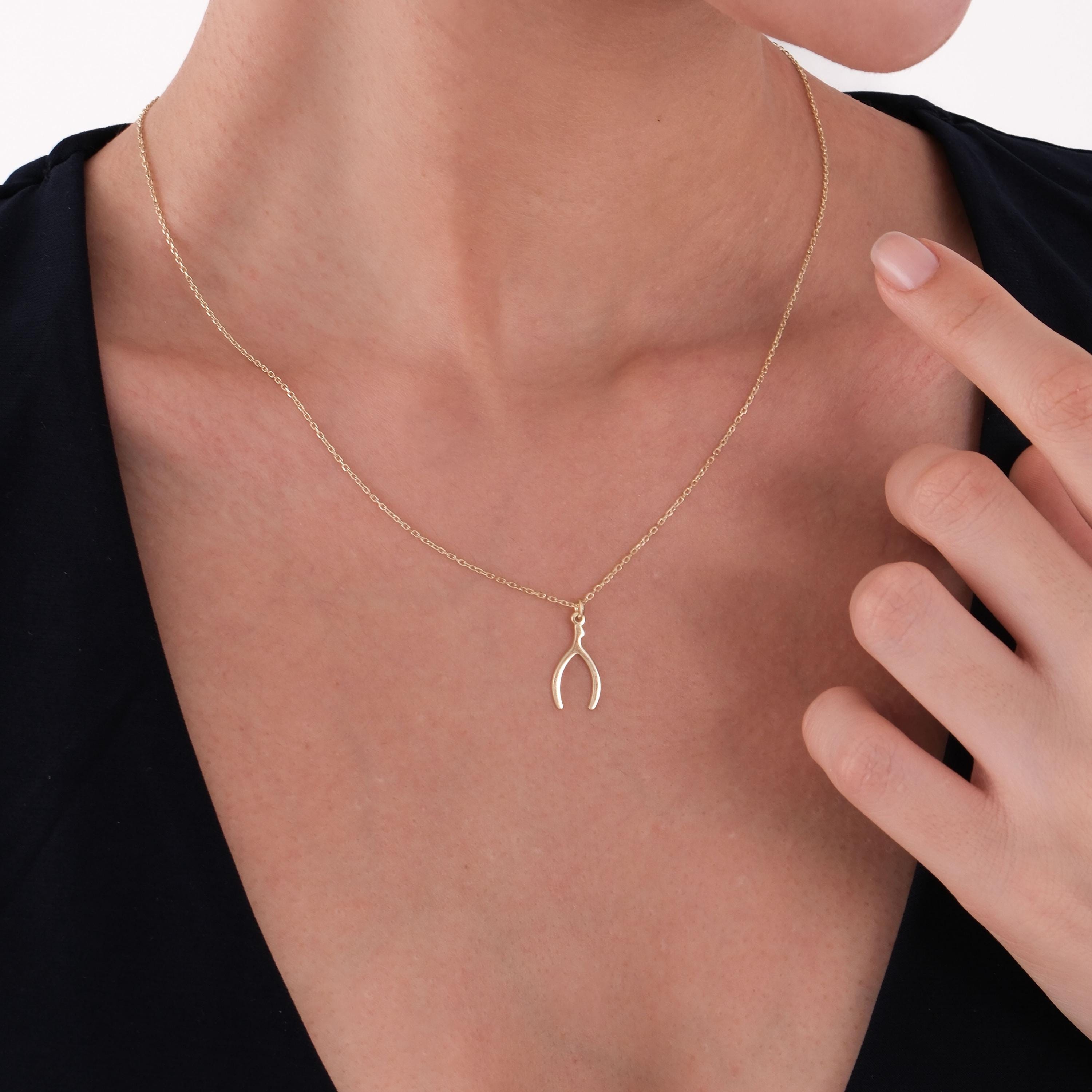 14K Solid Gold Wishbone Necklace, Good Luck Necklace, Tiny Wishbone Pendant, Lucky Jewelry, Best Friend Christmas Gift