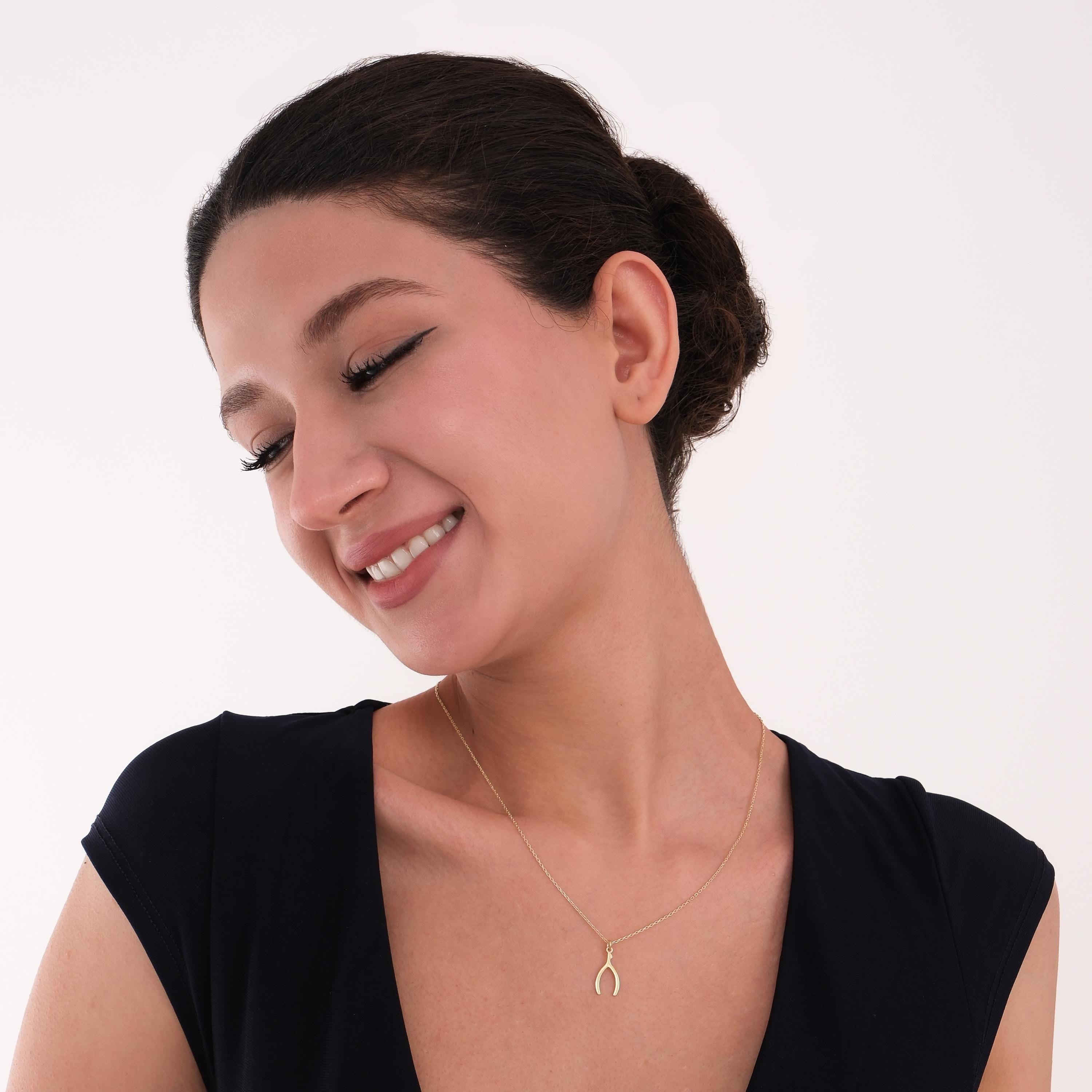 14K Solid Gold Wishbone Necklace, Good Luck Necklace, Tiny Wishbone Pendant, Lucky Jewelry, Best Friend Christmas Gift