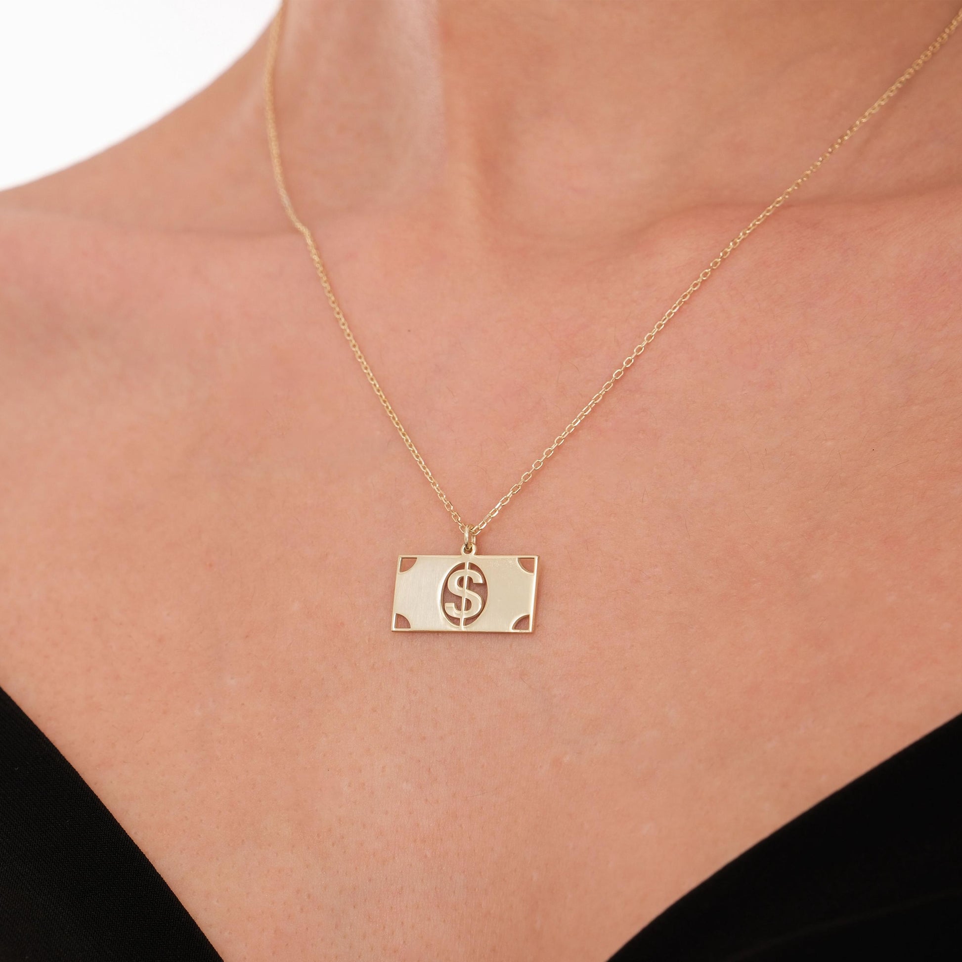 14K Solid Gold Dollar Sign Necklace, Money Charm Necklace, Dollar Jewelry, Lucky Necklace, Christmas Gift