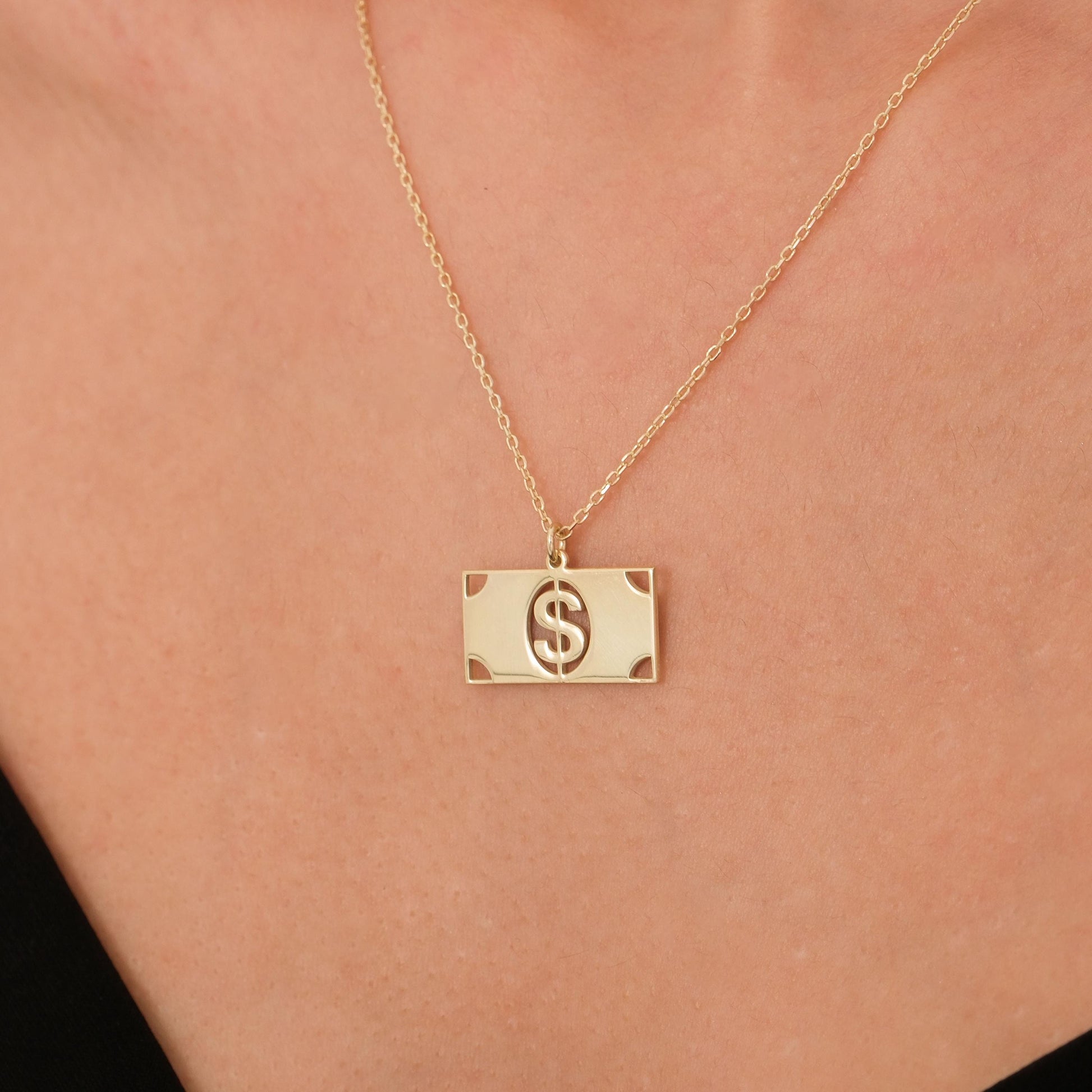 14K Solid Gold Dollar Sign Necklace, Money Charm Necklace, Dollar Jewelry, Lucky Necklace, Christmas Gift