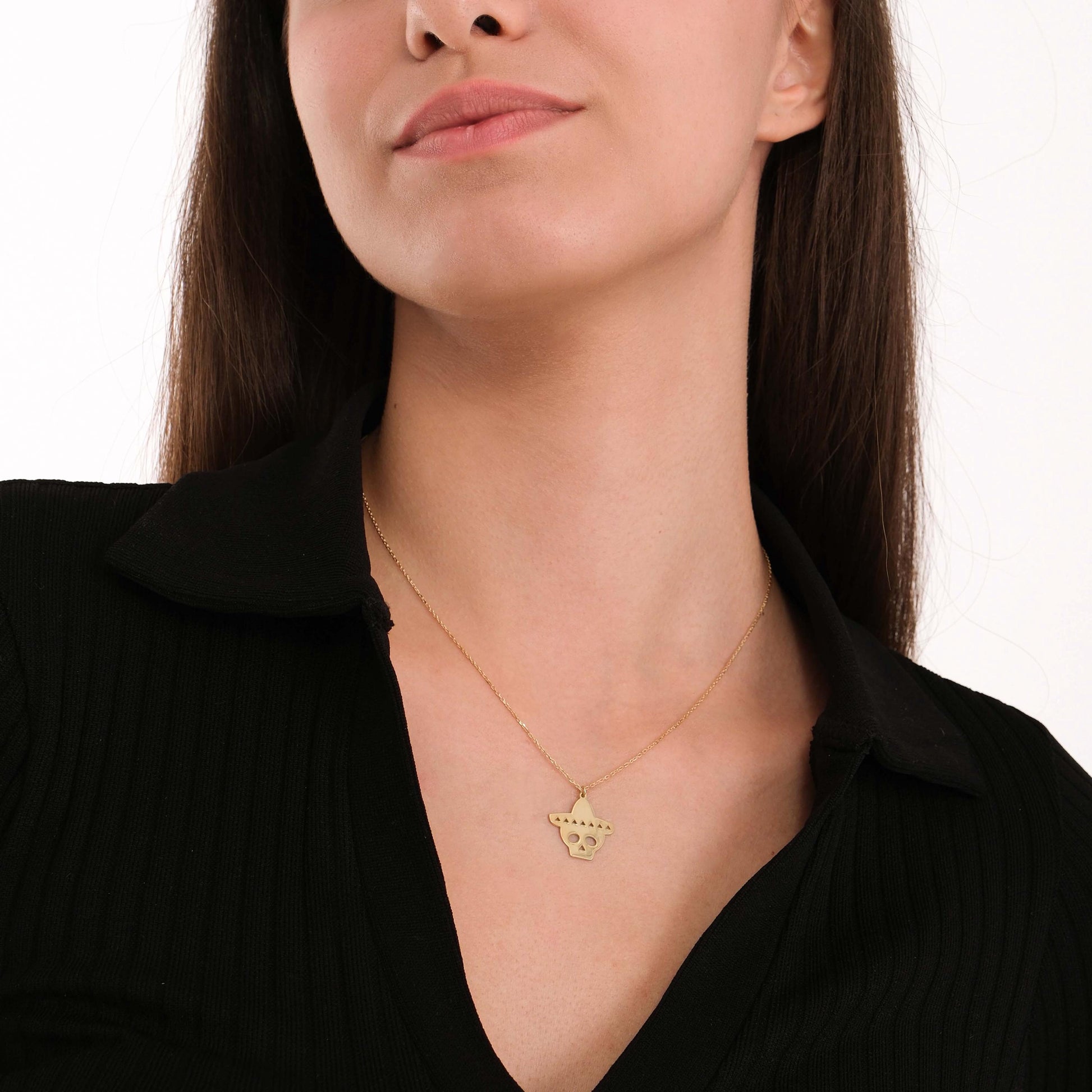 14K Solid Gold Sombrero Skull Necklace, Day of The Dead Necklace, Halloween Pendant Gift, Dia De Los Muertos