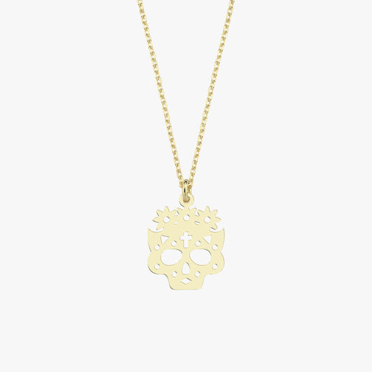 14K Solid Gold Sugar Skull Necklace, Day of the Dead Jewelry, Halloween Necklace, Dia De Los Muertos, Gothic Necklace, Halloween Gift
