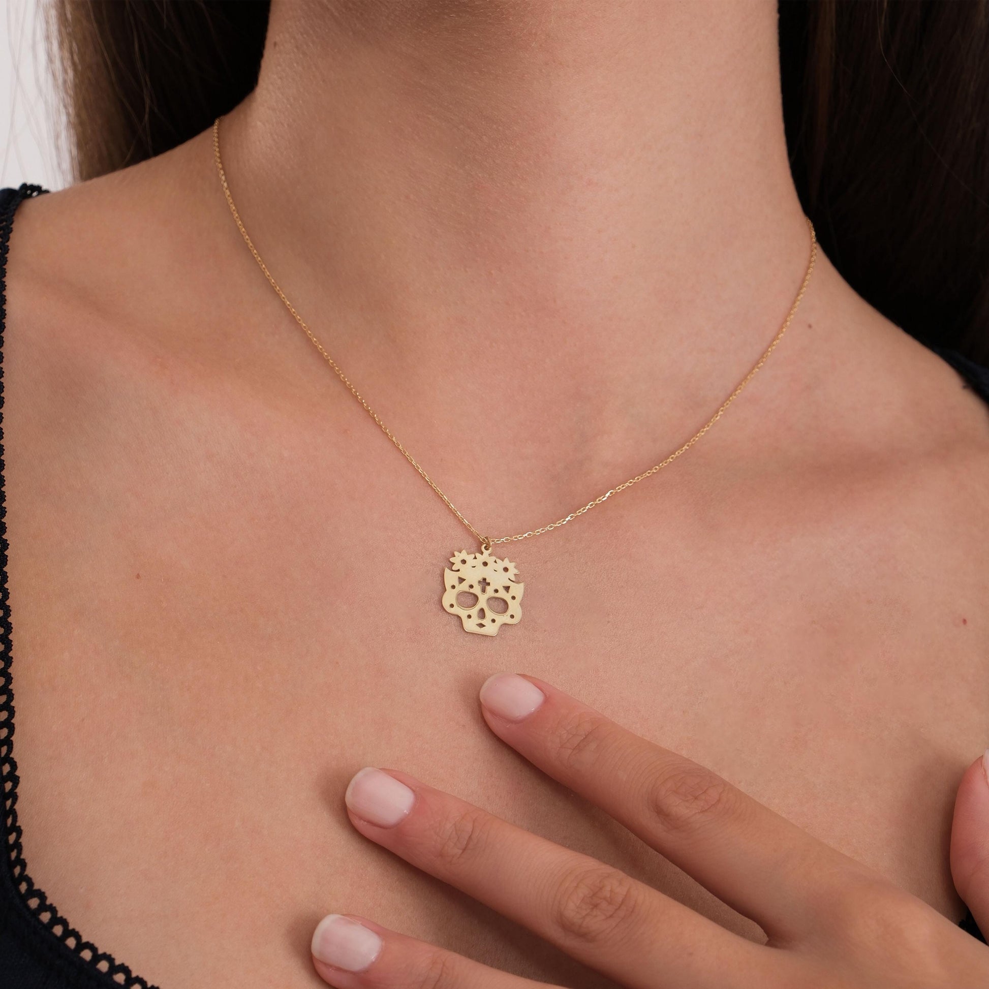 14K Solid Gold Sugar Skull Necklace, Day of the Dead Jewelry, Halloween Necklace, Dia De Los Muertos, Gothic Necklace, Halloween Gift
