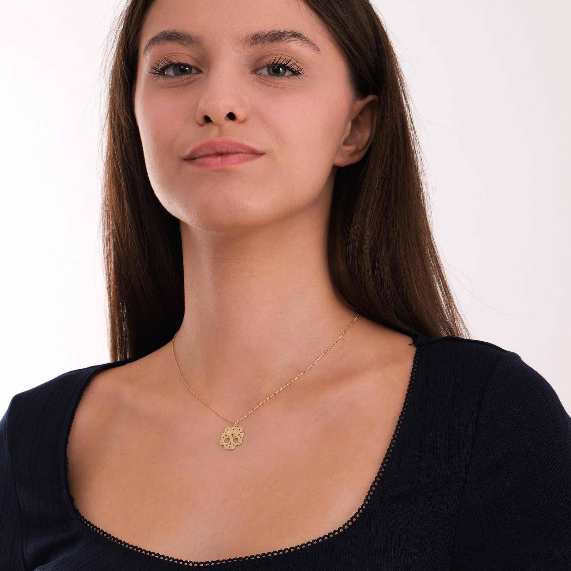 14K Solid Gold Sugar Skull Necklace, Day of the Dead Jewelry, Halloween Necklace, Dia De Los Muertos, Gothic Necklace, Halloween Gift