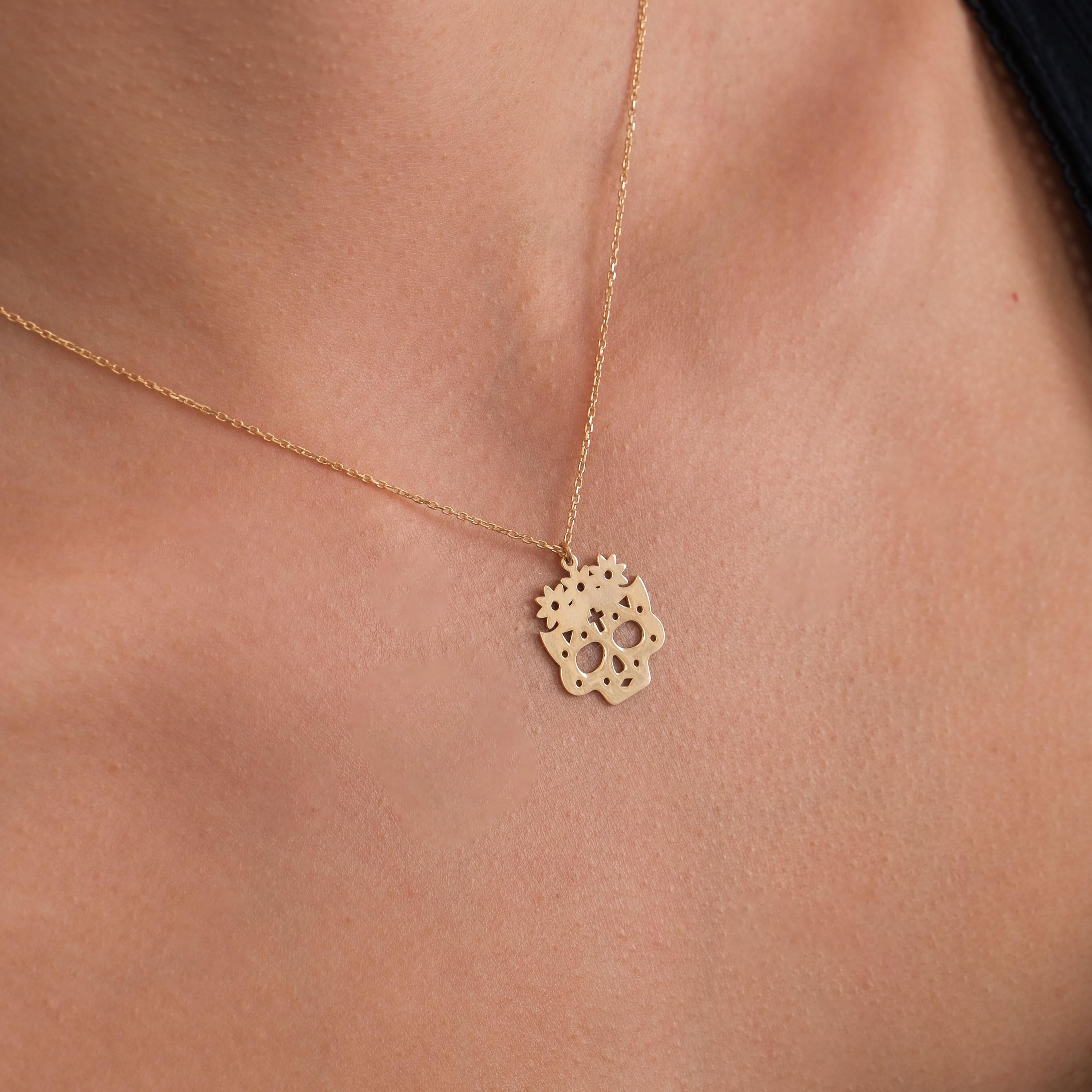 14K Solid Gold Sugar Skull Necklace, Day of the Dead Jewelry, Halloween Necklace, Dia De Los Muertos, Gothic Necklace, Halloween Gift