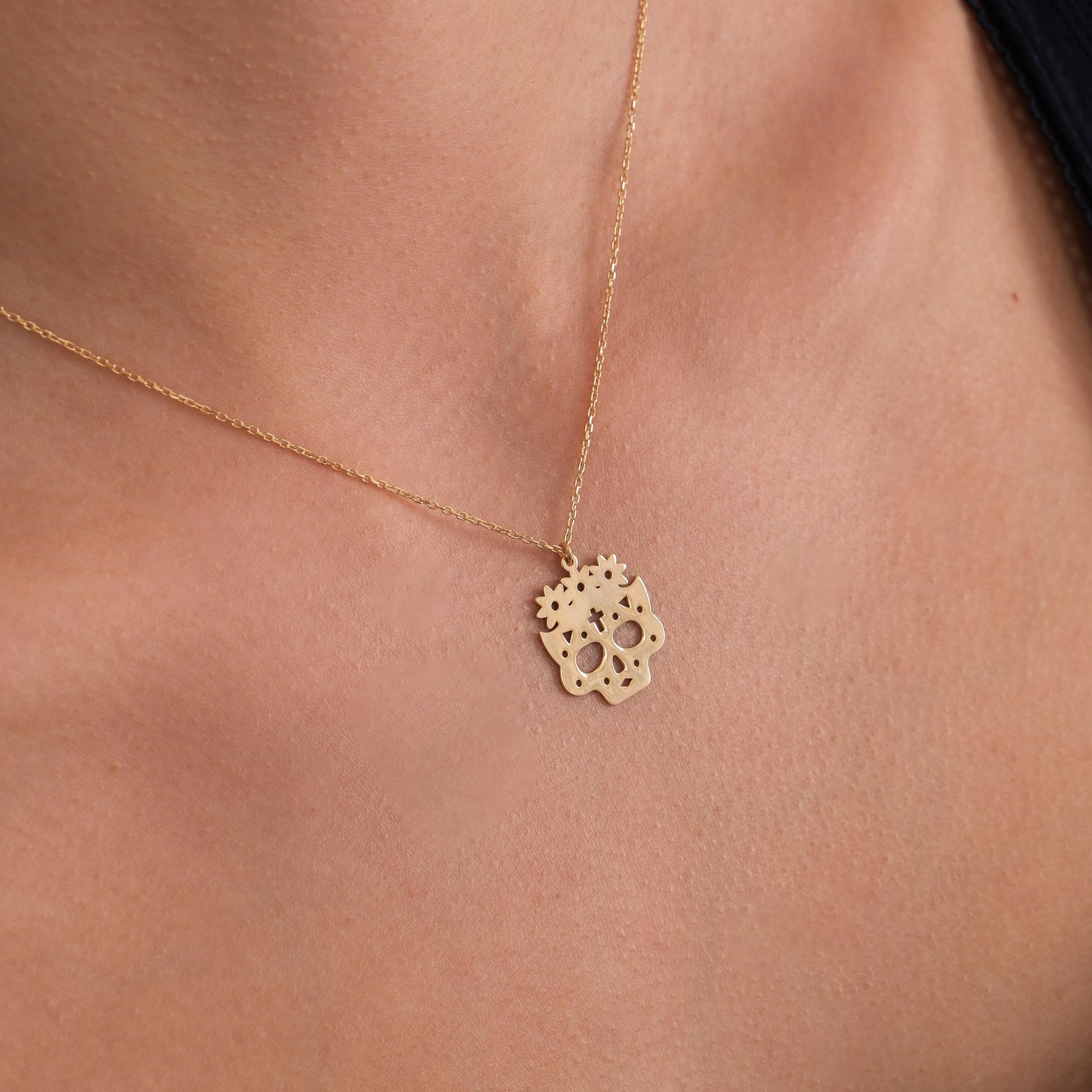14K Solid Gold Sugar Skull Necklace, Day of the Dead Jewelry, Halloween Necklace, Dia De Los Muertos, Gothic Necklace, Halloween Gift