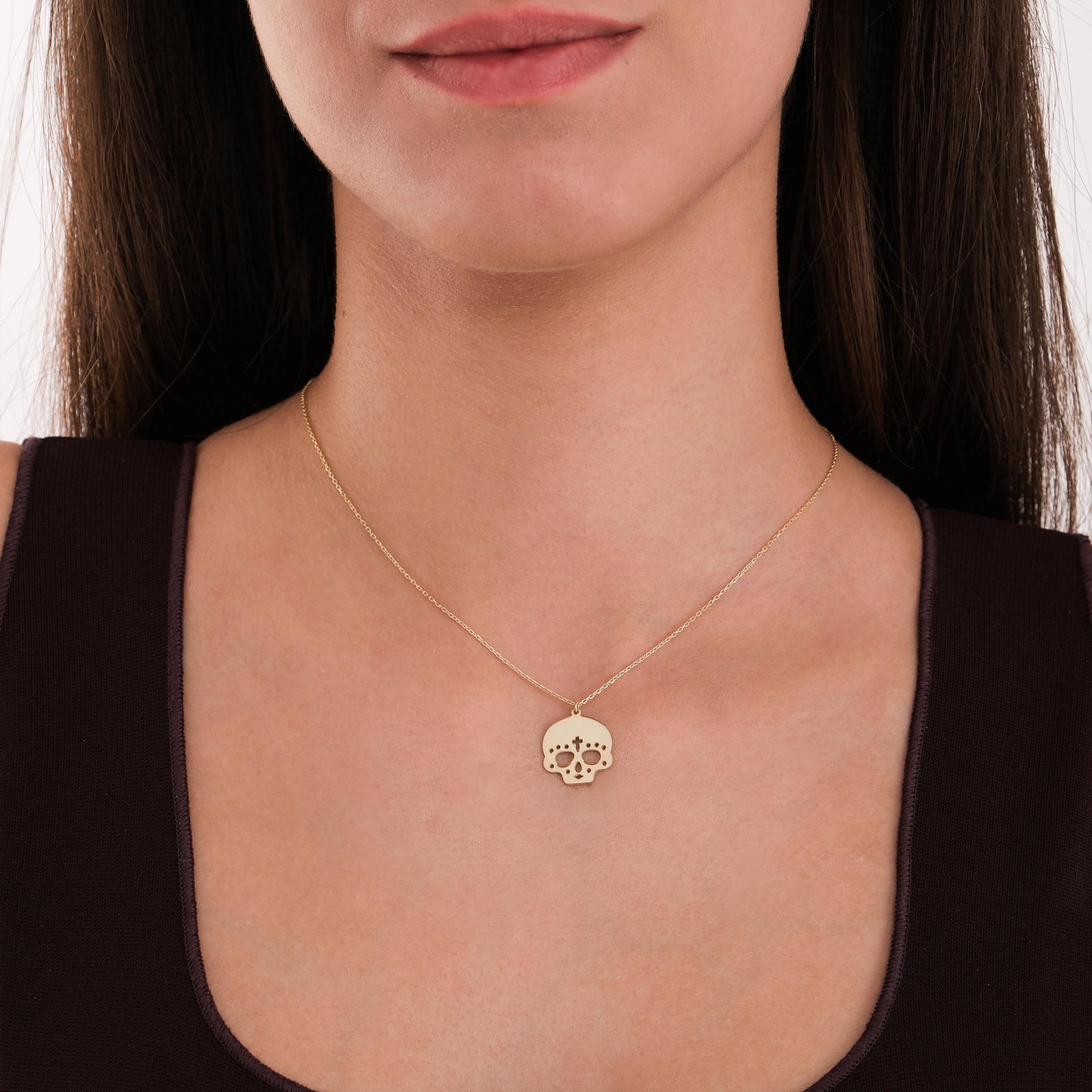 14K Solid Gold Cross Skull Necklace, Halloween Necklace, Gothic Skull Jewelry, Day of the Dead Necklace, Halloween Gift