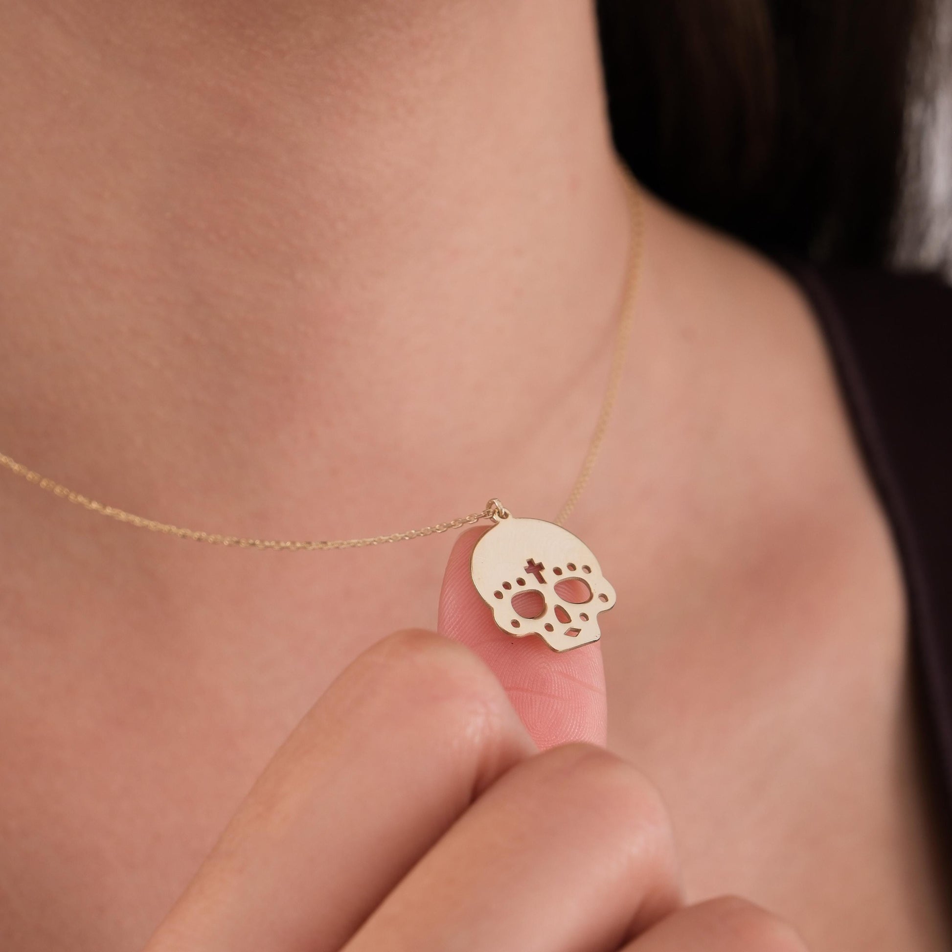 14K Solid Gold Cross Skull Necklace, Halloween Necklace, Gothic Skull Jewelry, Day of the Dead Necklace, Halloween Gift