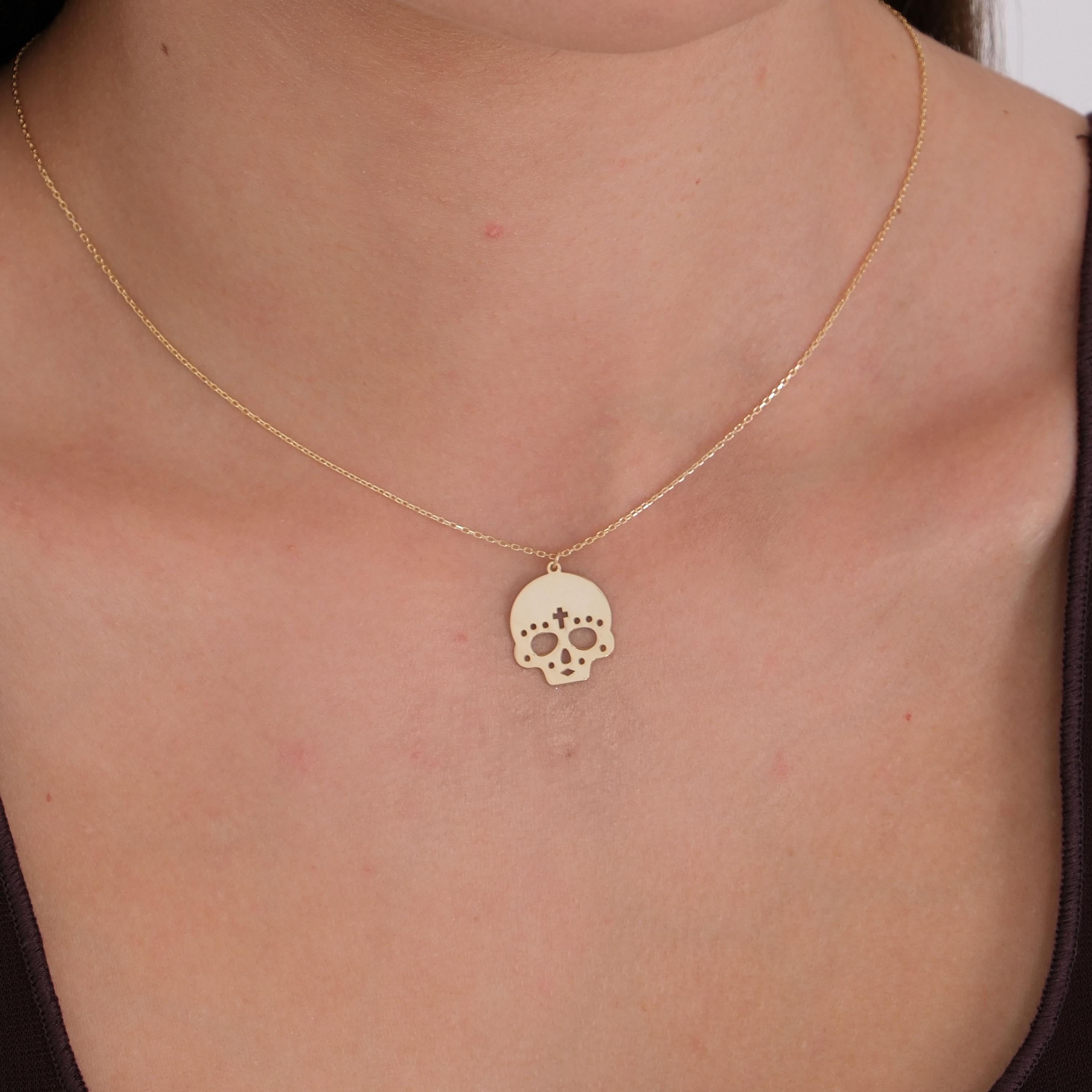 14K Solid Gold Cross Skull Necklace, Halloween Necklace, Gothic Skull Jewelry, Day of the Dead Necklace, Halloween Gift