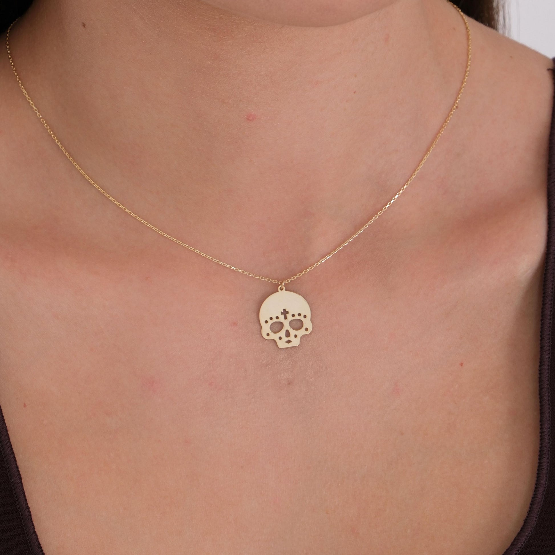 14K Solid Gold Cross Skull Necklace, Halloween Necklace, Gothic Skull Jewelry, Day of the Dead Necklace, Halloween Gift