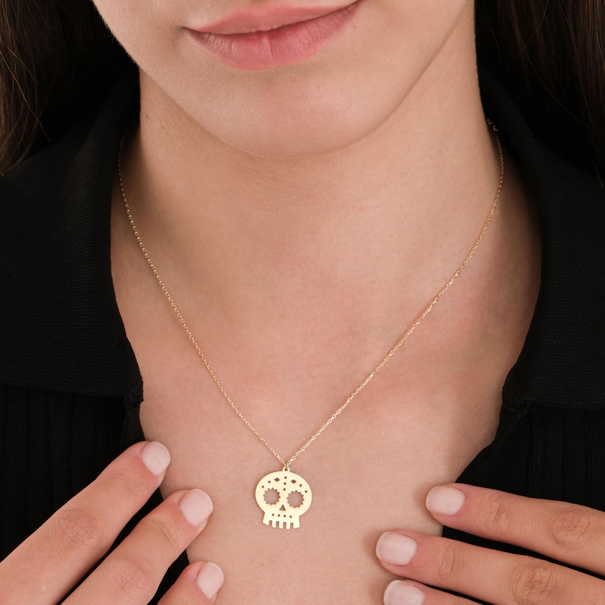 14K Solid Gold Mexican Skull Necklace, Day of the Dead Necklace,Halloween Skull Necklace, Gothic Necklace, Halloween Jewelry Gift