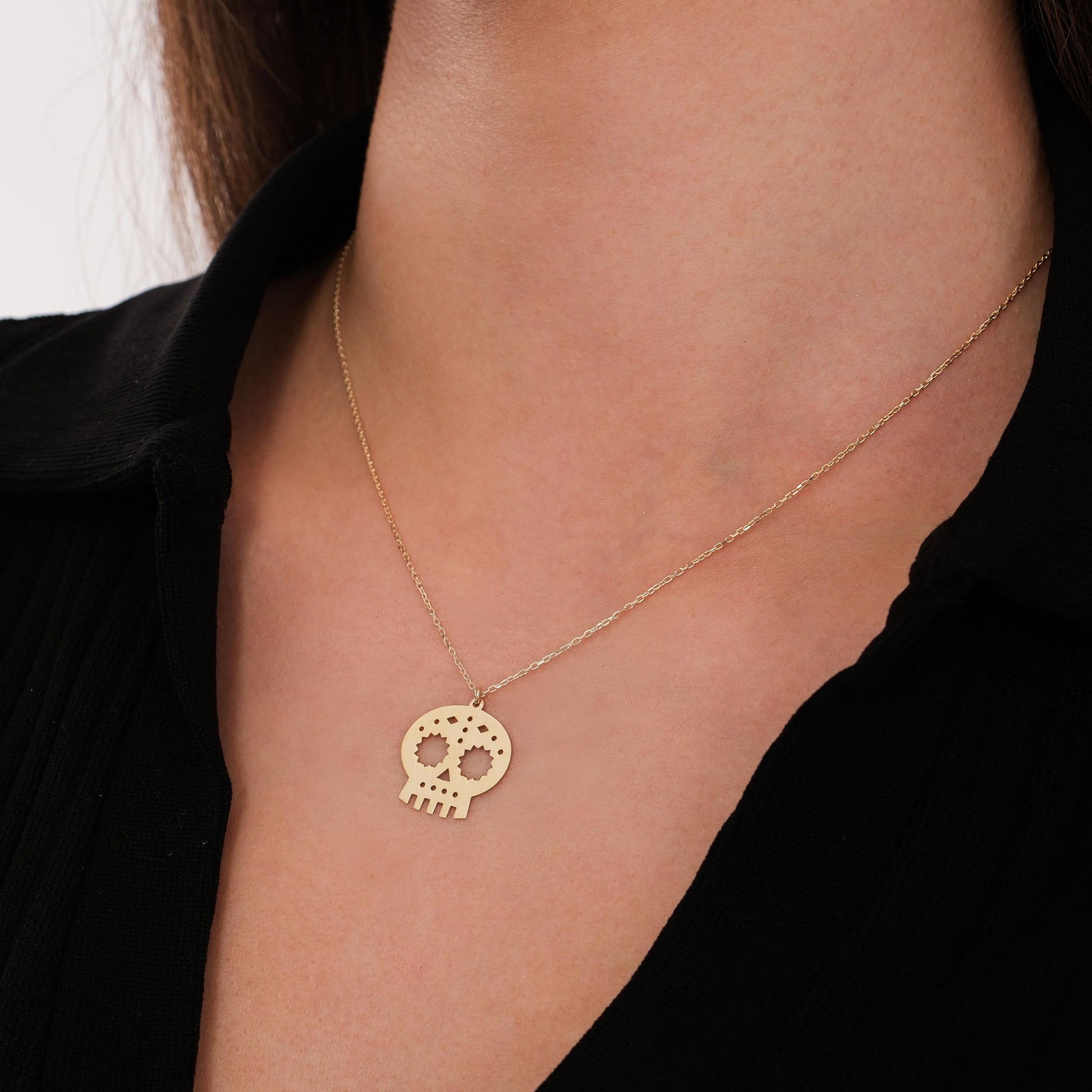 14K Solid Gold Mexican Skull Necklace, Day of the Dead Necklace,Halloween Skull Necklace, Gothic Necklace, Halloween Jewelry Gift