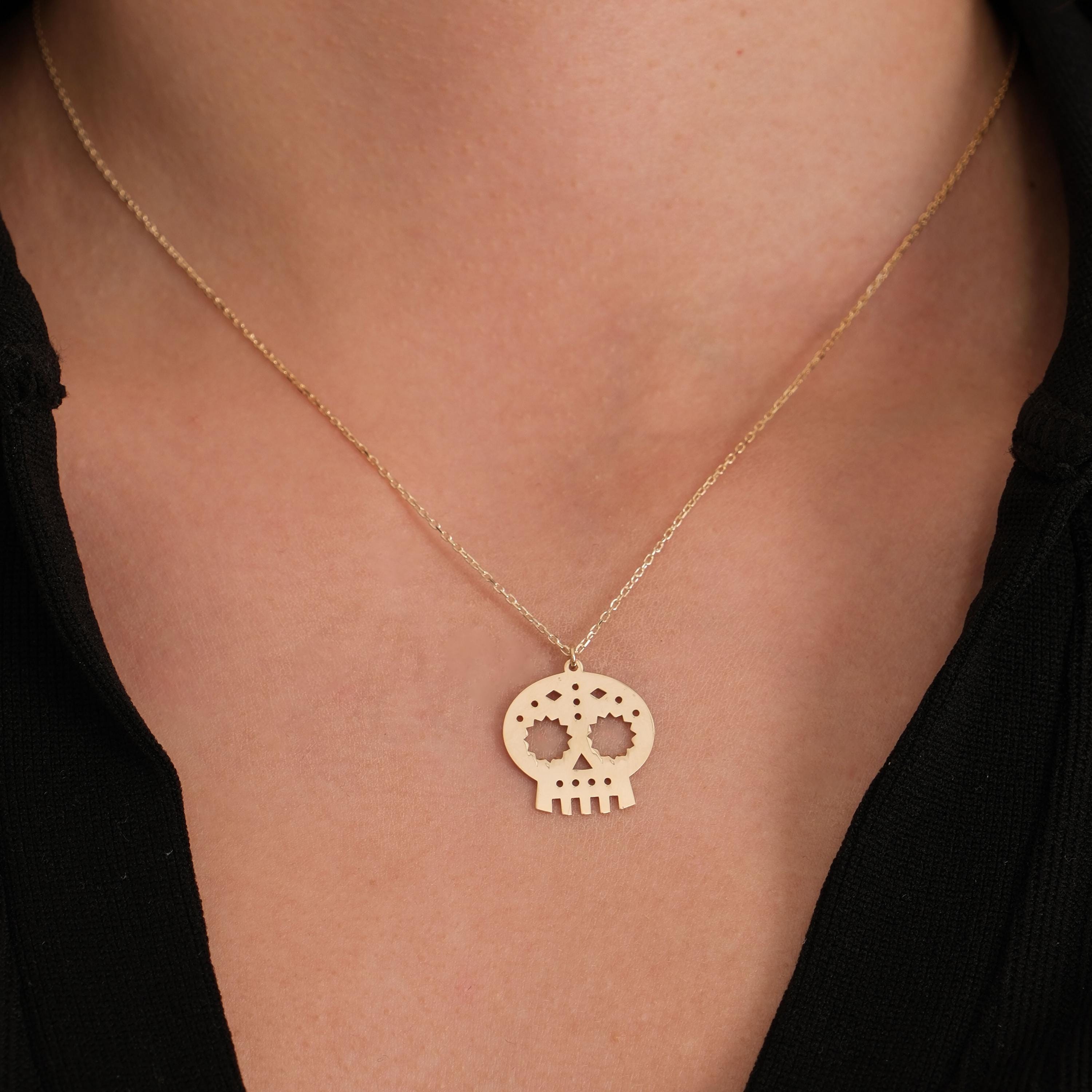 14K Solid Gold Mexican Skull Necklace, Day of the Dead Necklace,Halloween Skull Necklace, Gothic Necklace, Halloween Jewelry Gift