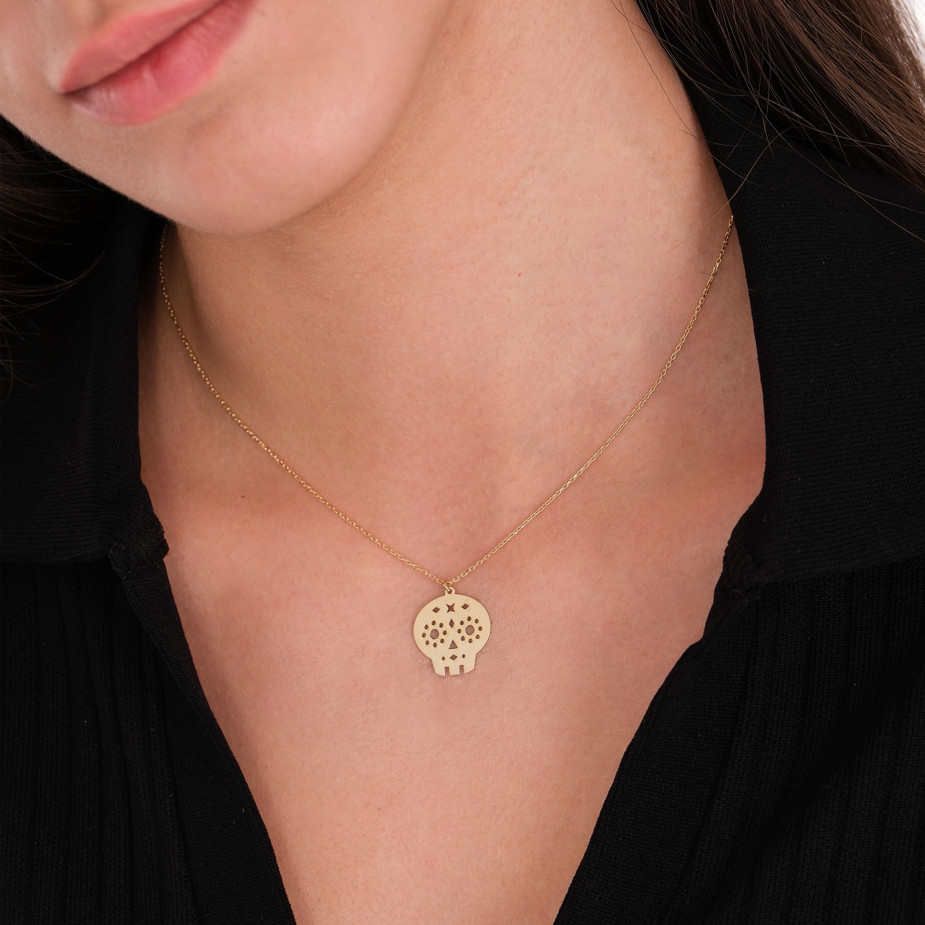 14K Solid Gold Halloween Skull Necklace, Dia De Los Muertos Necklace, Gothic Jewelry, Halloween Necklace Gift