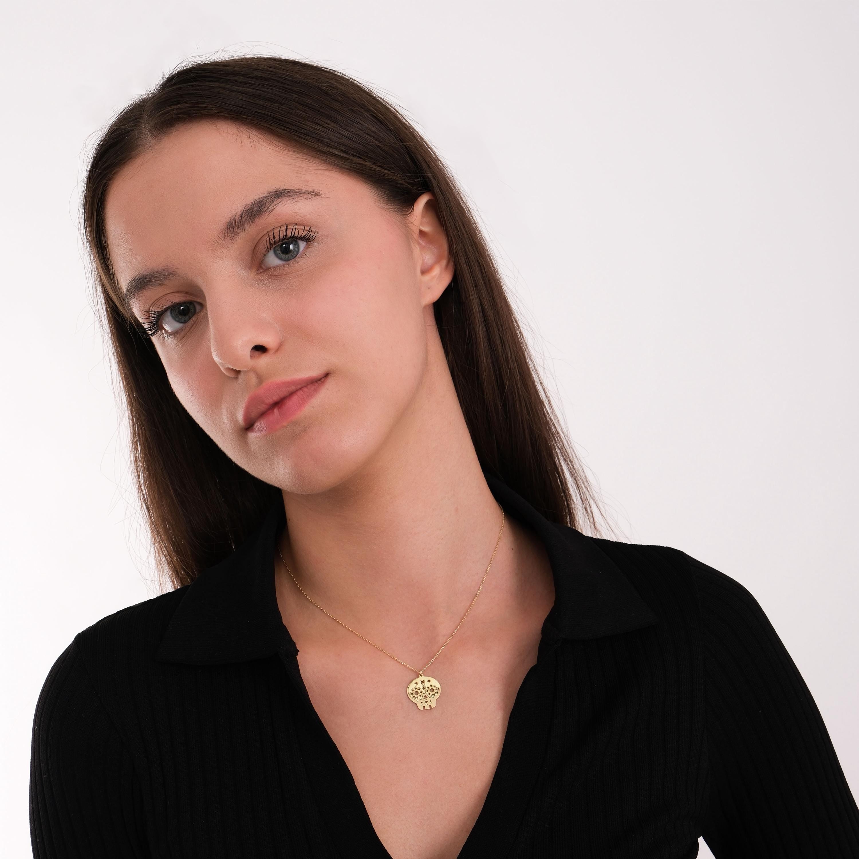 14K Solid Gold Halloween Skull Necklace, Dia De Los Muertos Necklace, Gothic Jewelry, Halloween Necklace Gift