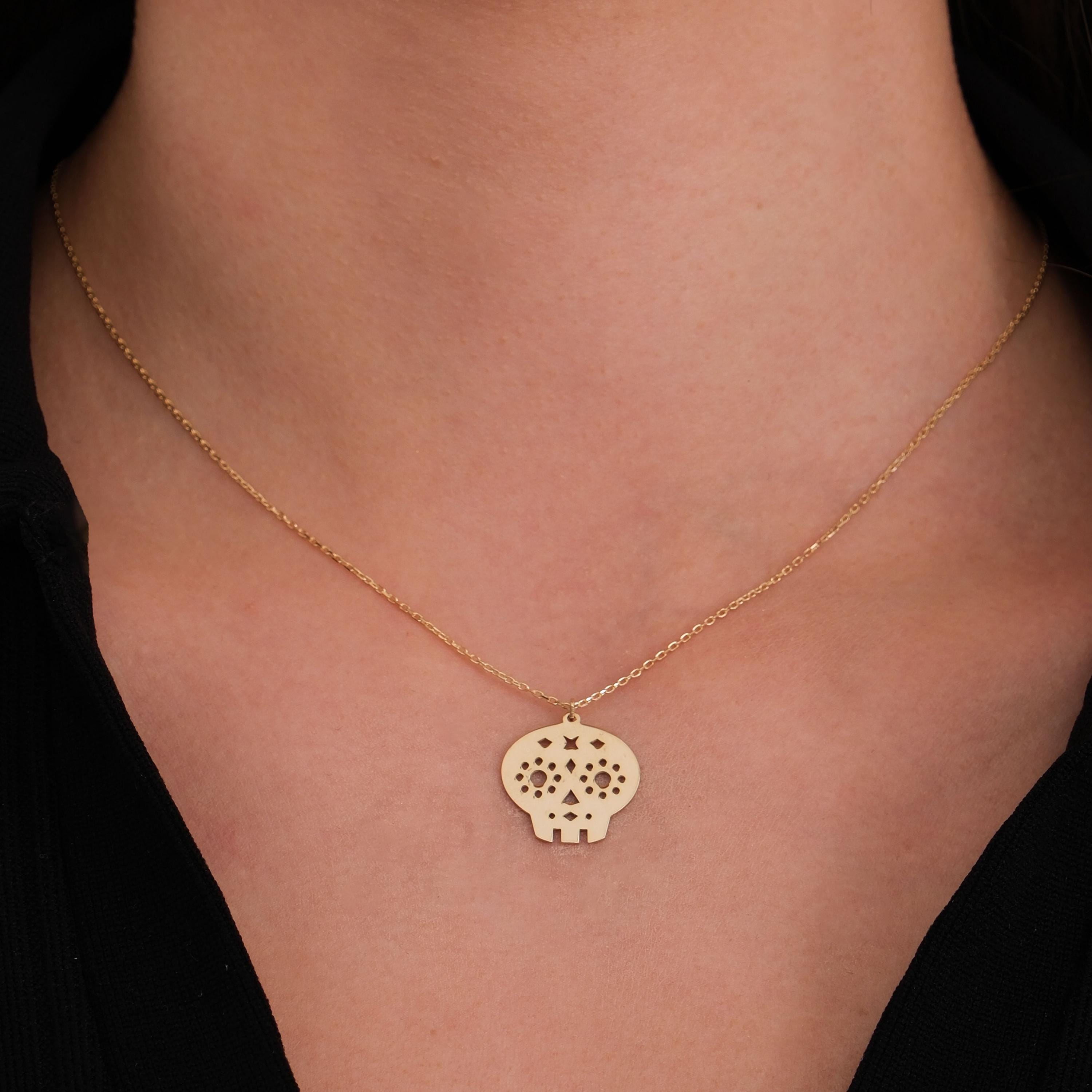 14K Solid Gold Halloween Skull Necklace, Dia De Los Muertos Necklace, Gothic Jewelry, Halloween Necklace Gift