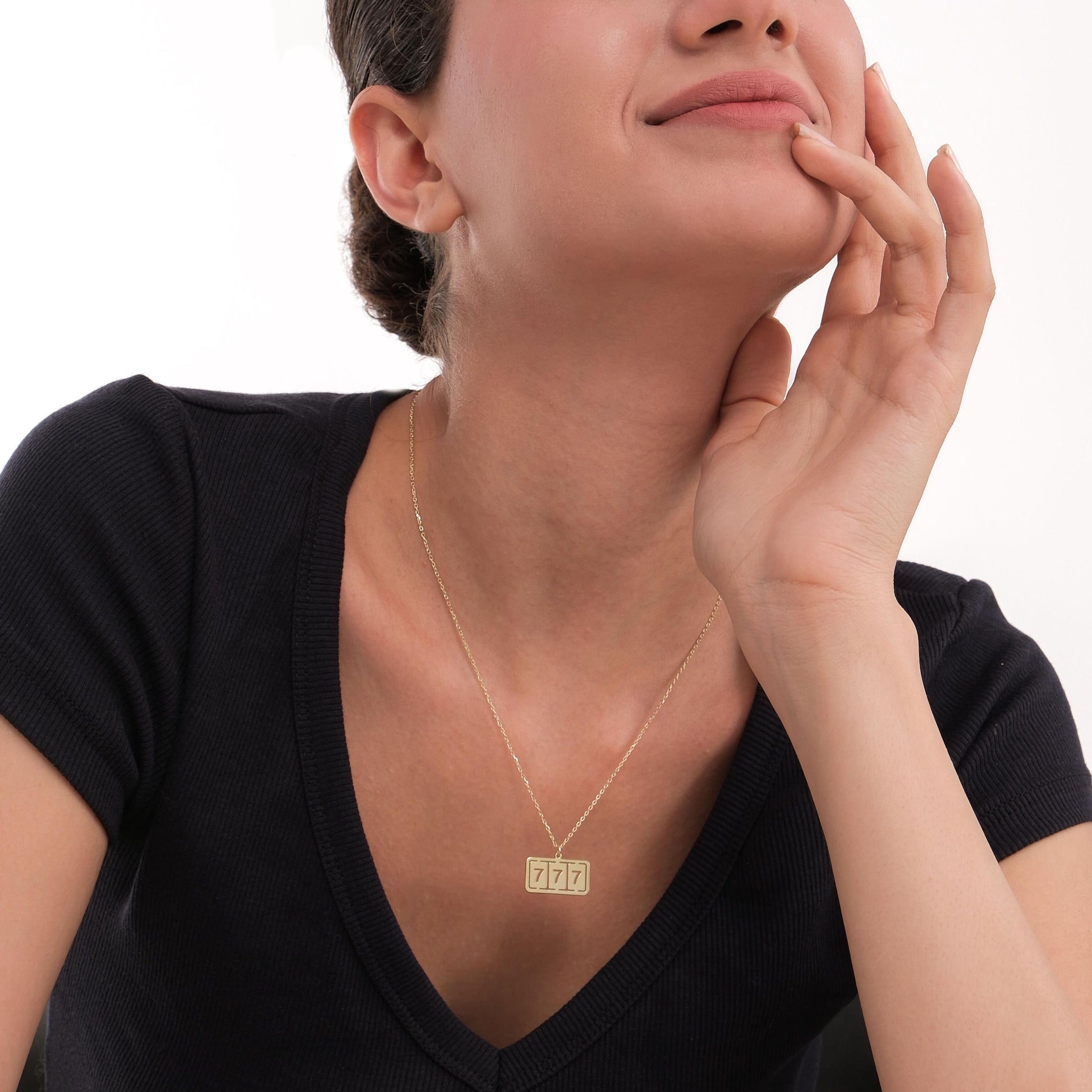 14K Solid Gold Angel Numbers Bar Necklace, 777 Necklace, Lucky Number Necklace, Angel Number, Christmas Gift Women