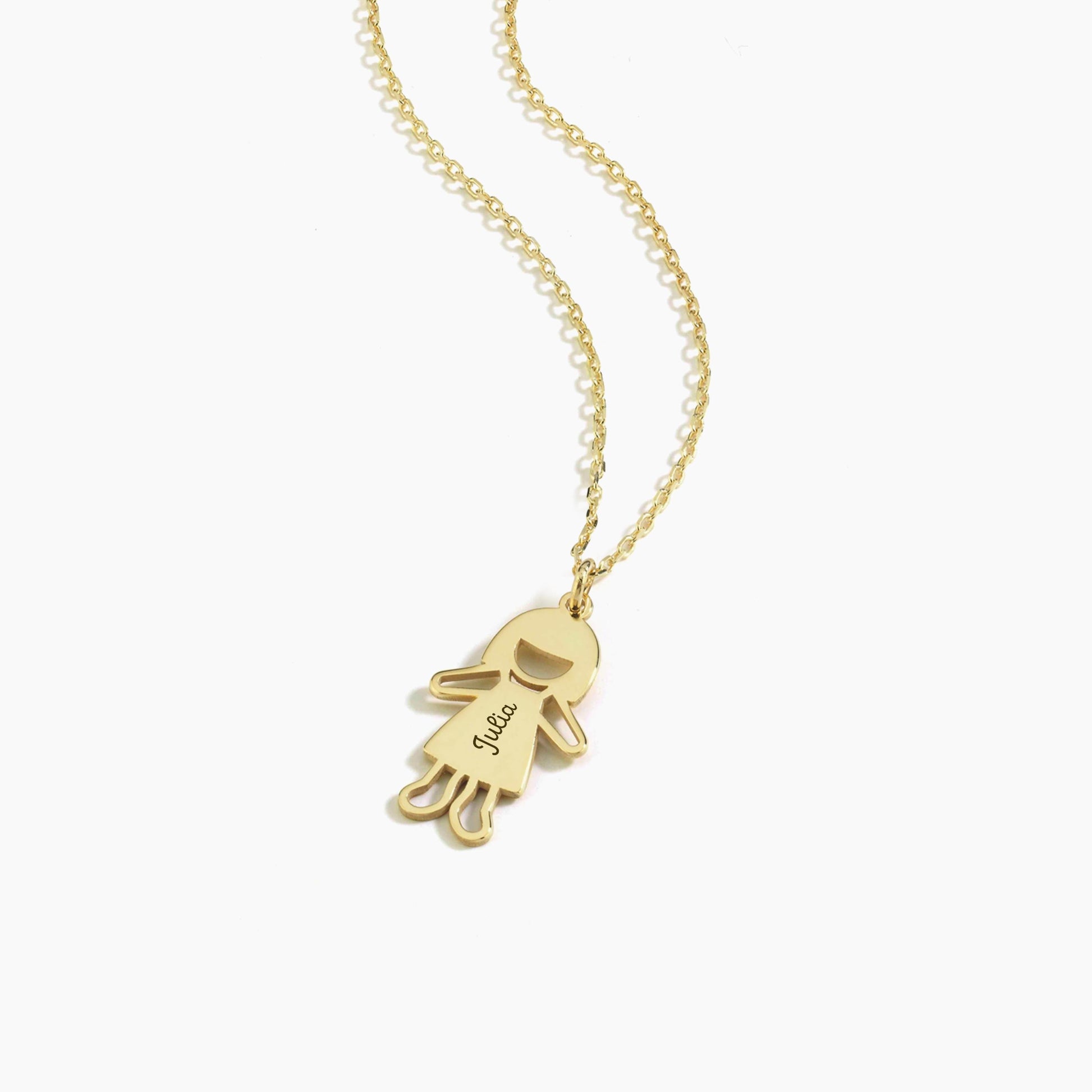Engraved 14K gold girl charm necklace personalized with the name “Julia” on a fine chain.