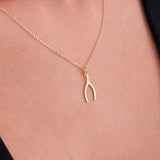14K Solid Gold Wishbone Necklace, Good Luck Necklace, Tiny Wishbone Pendant, Lucky Jewelry, Best Friend Christmas Gift