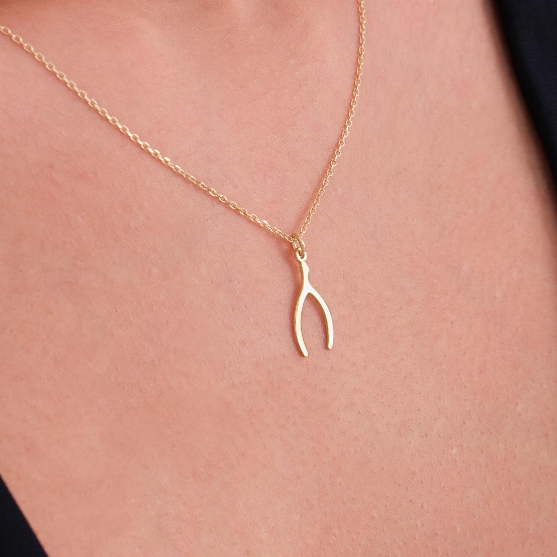 14K Solid Gold Wishbone Necklace, Good Luck Necklace, Tiny Wishbone Pendant, Lucky Jewelry, Best Friend Christmas Gift
