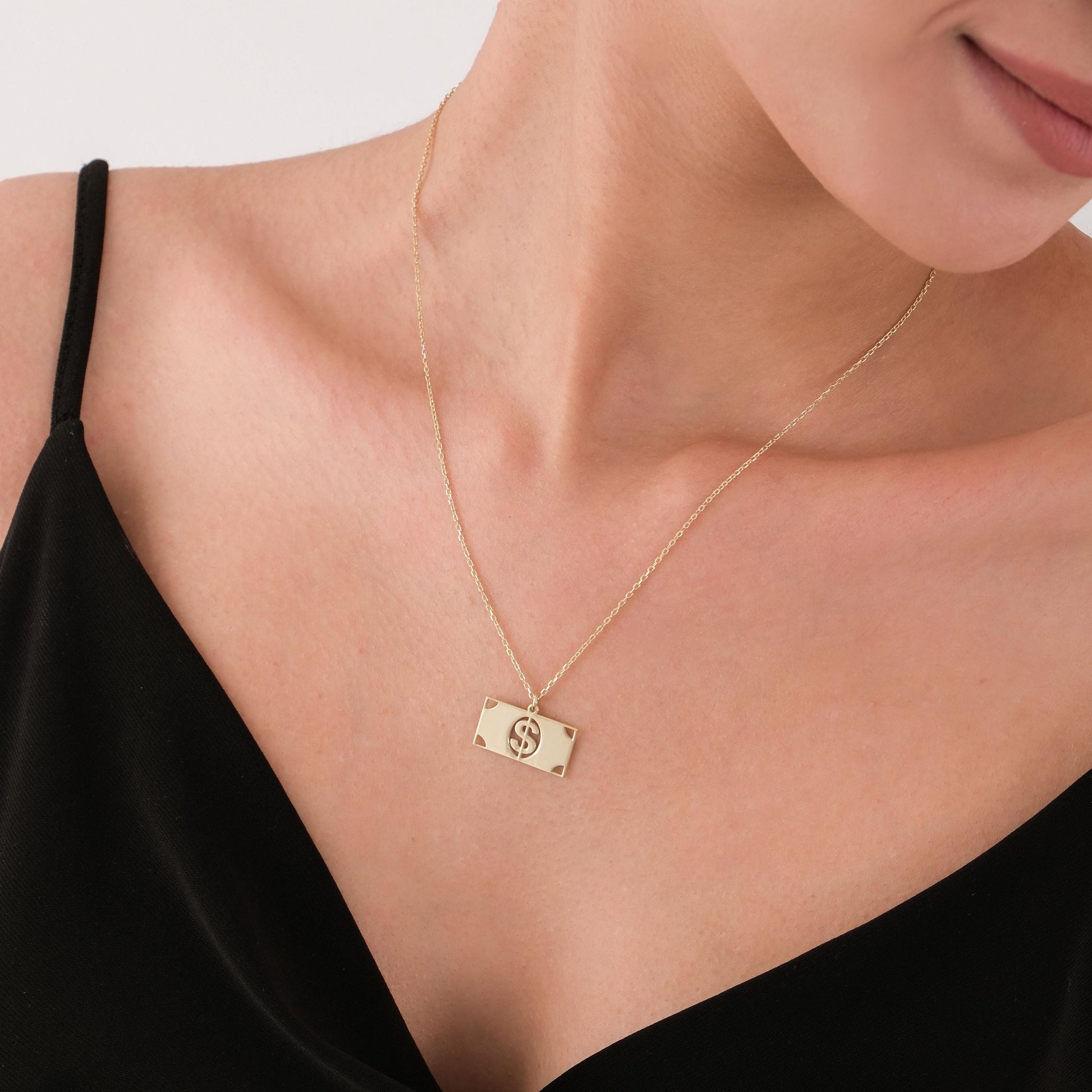 14K Solid Gold Dollar Sign Necklace, Money Charm Necklace, Dollar Jewelry, Lucky Necklace, Christmas Gift