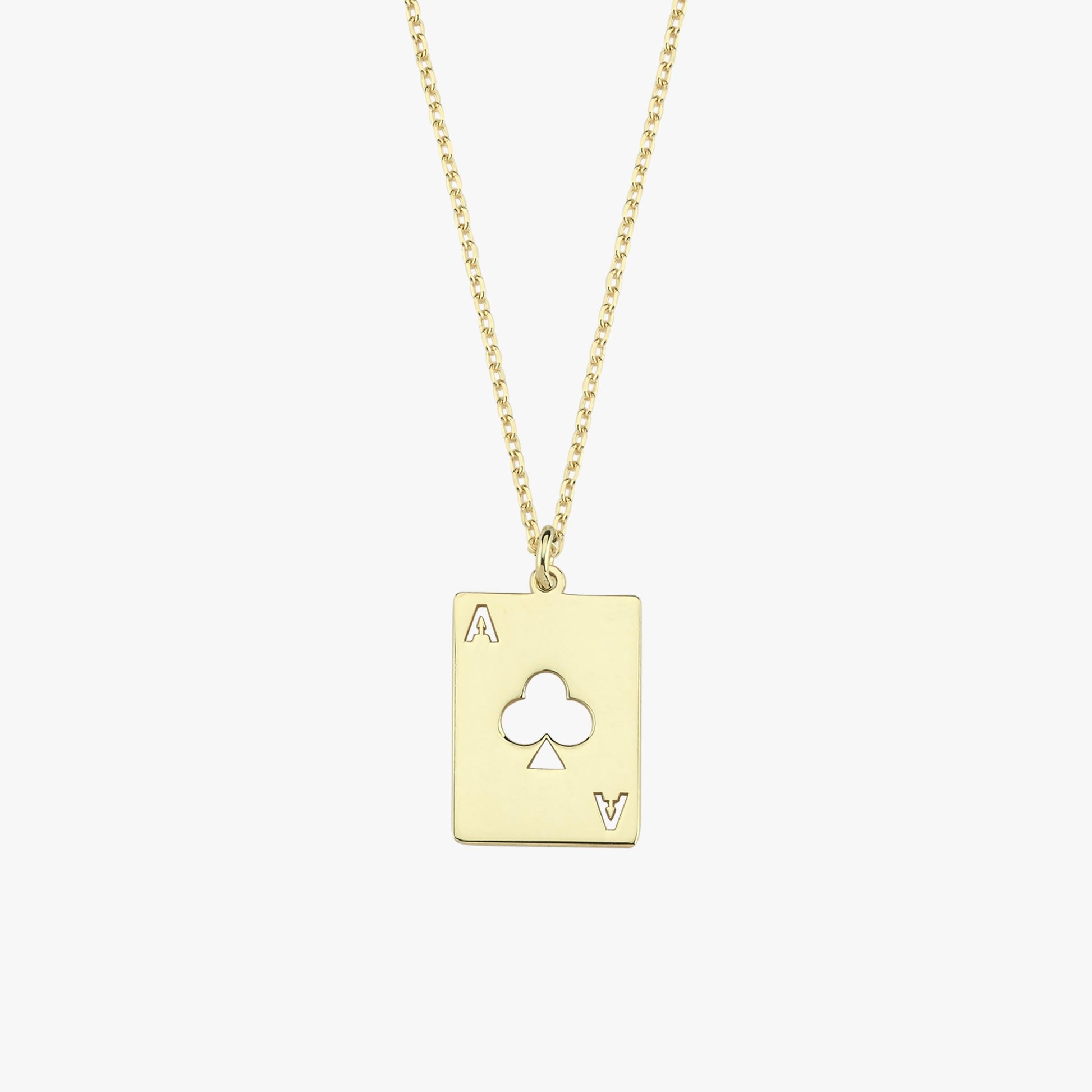 Front-facing view of the 14K Solid Gold Playing Card Necklace against a white background.