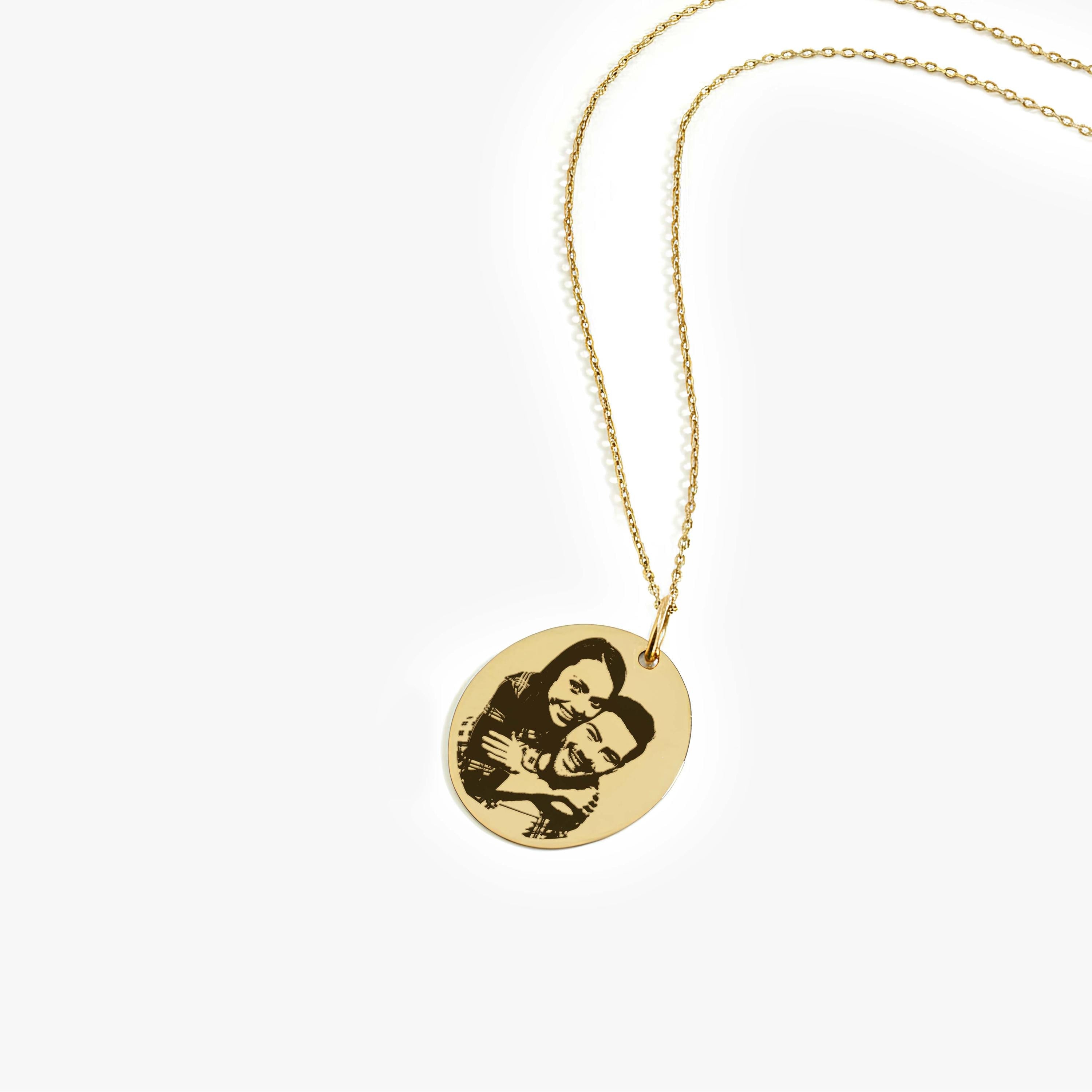 14K Solid Gold Engraving Photo Necklace, Custom Family Portrait Necklace, Memorial Jewelry, Personalized Christmas Gifts