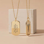 18K Gold Vermeil Personalized Medical ID Necklace showing front caduceus engraving and back custom medical alert details on polished gold pendants.