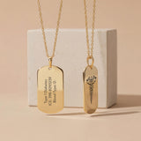 18K Gold Vermeil Personalized Medical ID Necklace showing front caduceus engraving and back custom medical alert details on polished gold pendants.