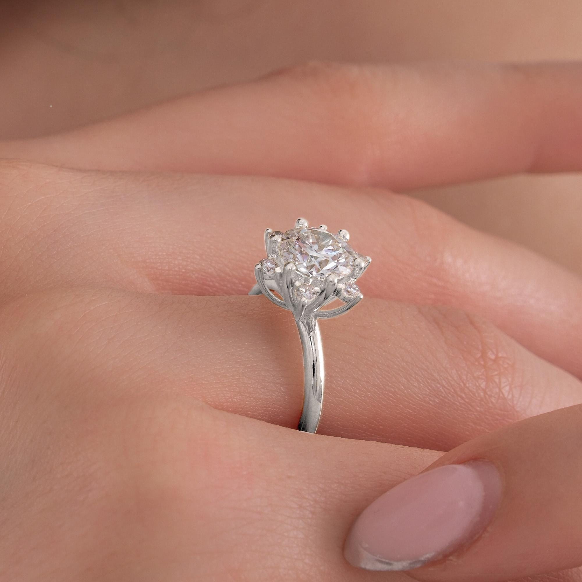 2.27 CT Lab Grown Diamond Floral Cluster Ring, Round Cut Engagement Ring, 925 Silver 8K 14K Gold Ring, Gift for Her