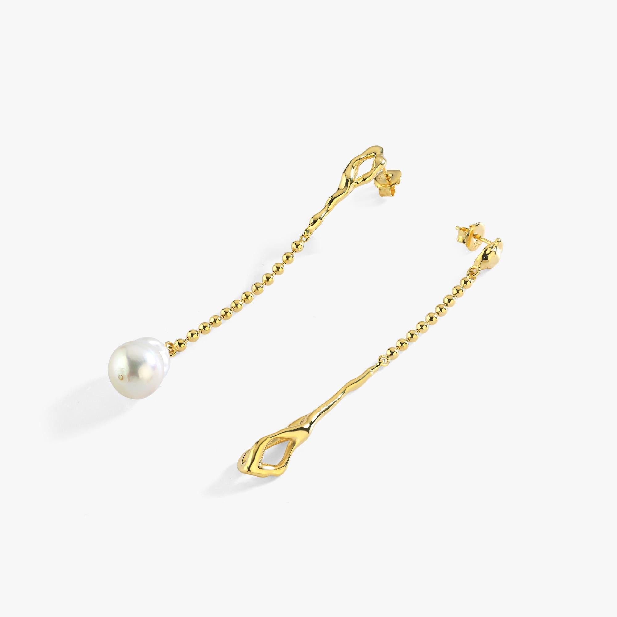 14K Gold Plated Mismatched Drop Earrings, Freshwater Baroque Pearls, Wedding Bridal Jewelry