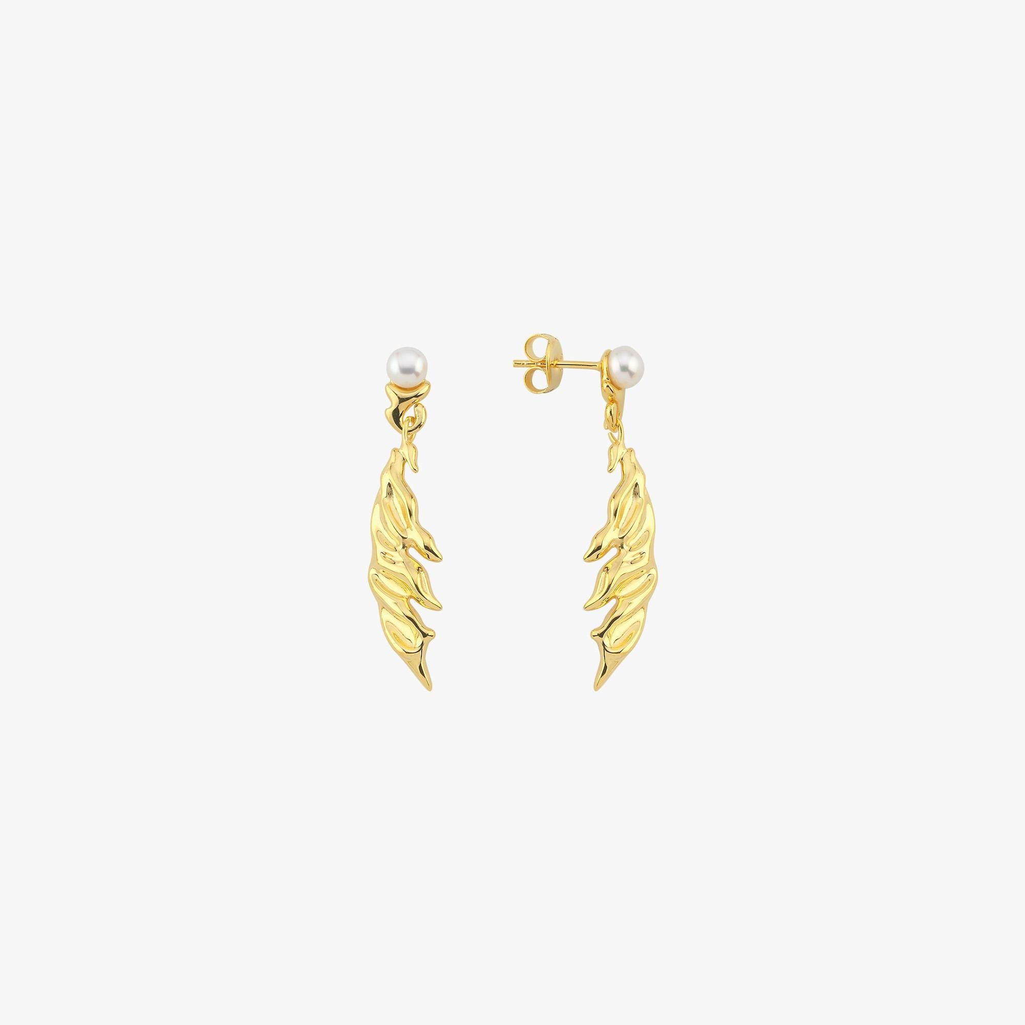 14K Gold Plated Freshwater Pearl Drop Earrings, Sculptural Leaf Earrings, Birthday Gift