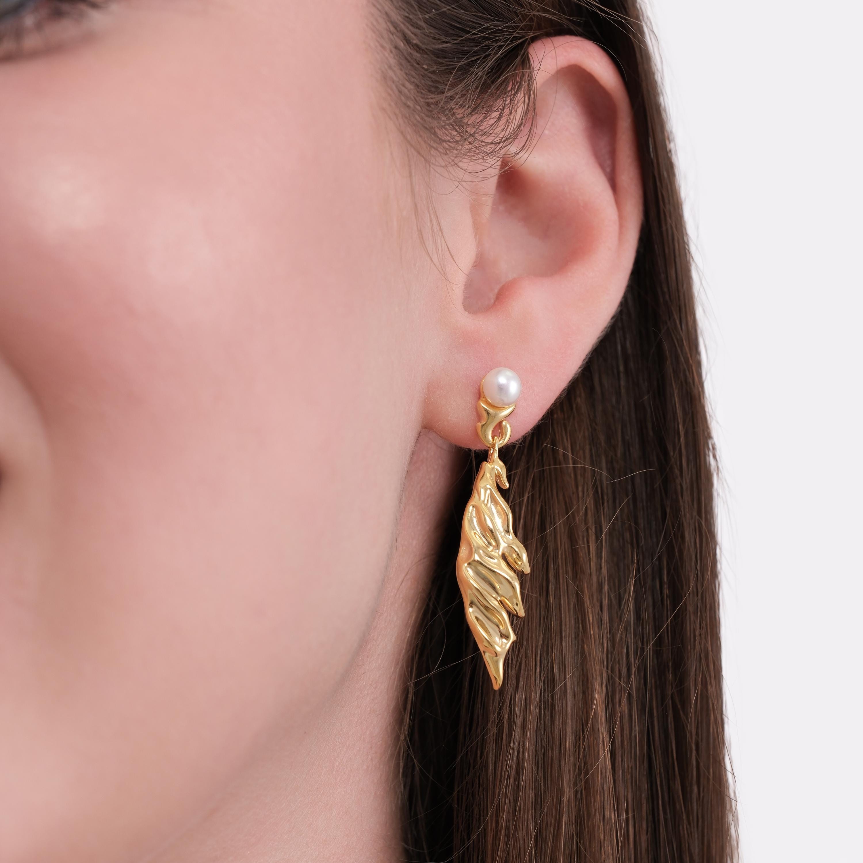 14K Gold Plated Freshwater Pearl Drop Earrings, Sculptural Leaf Earrings, Birthday Gift