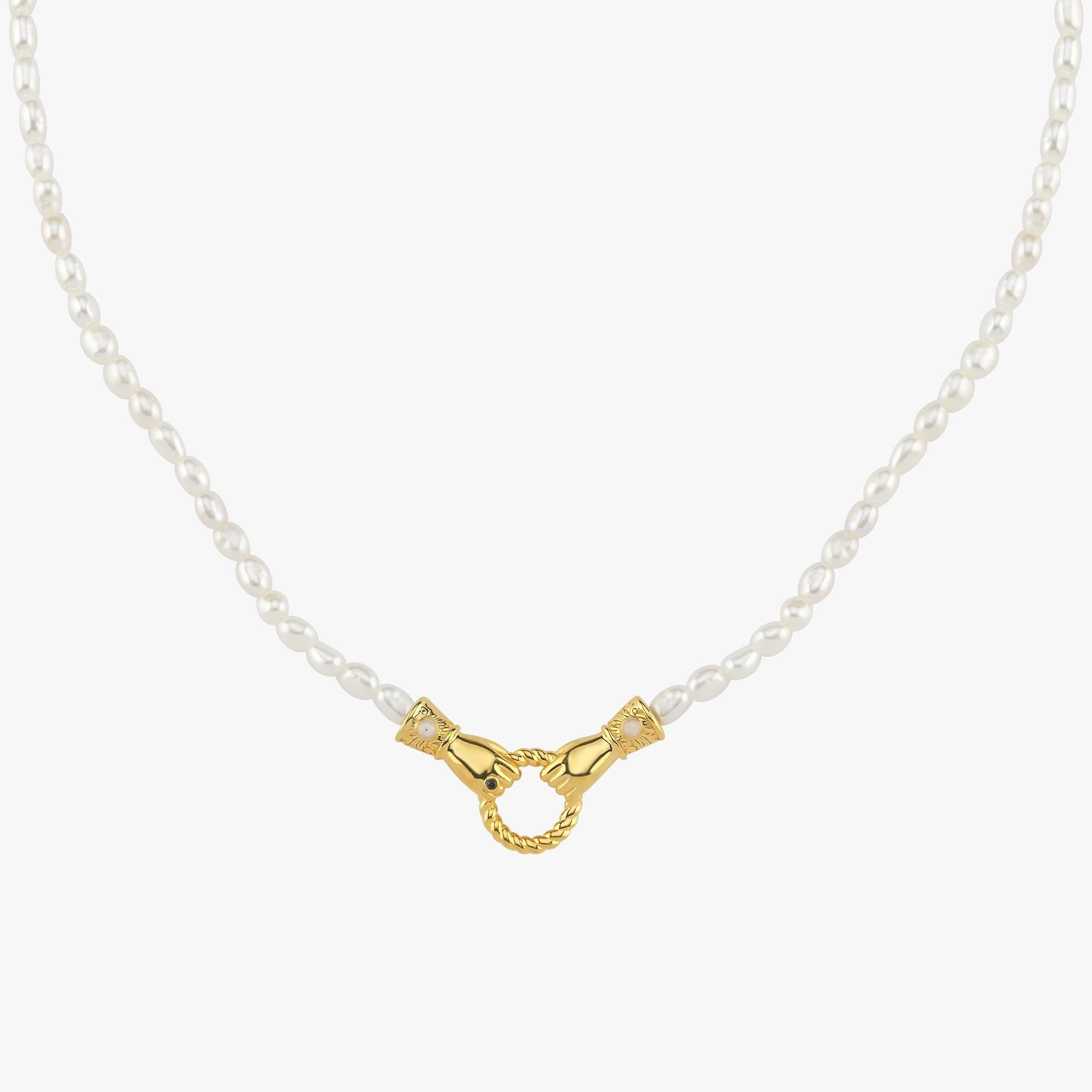 14K Gold Plated Holding Hands Necklace, Freshwater Pearl Necklace, Friendship Gift