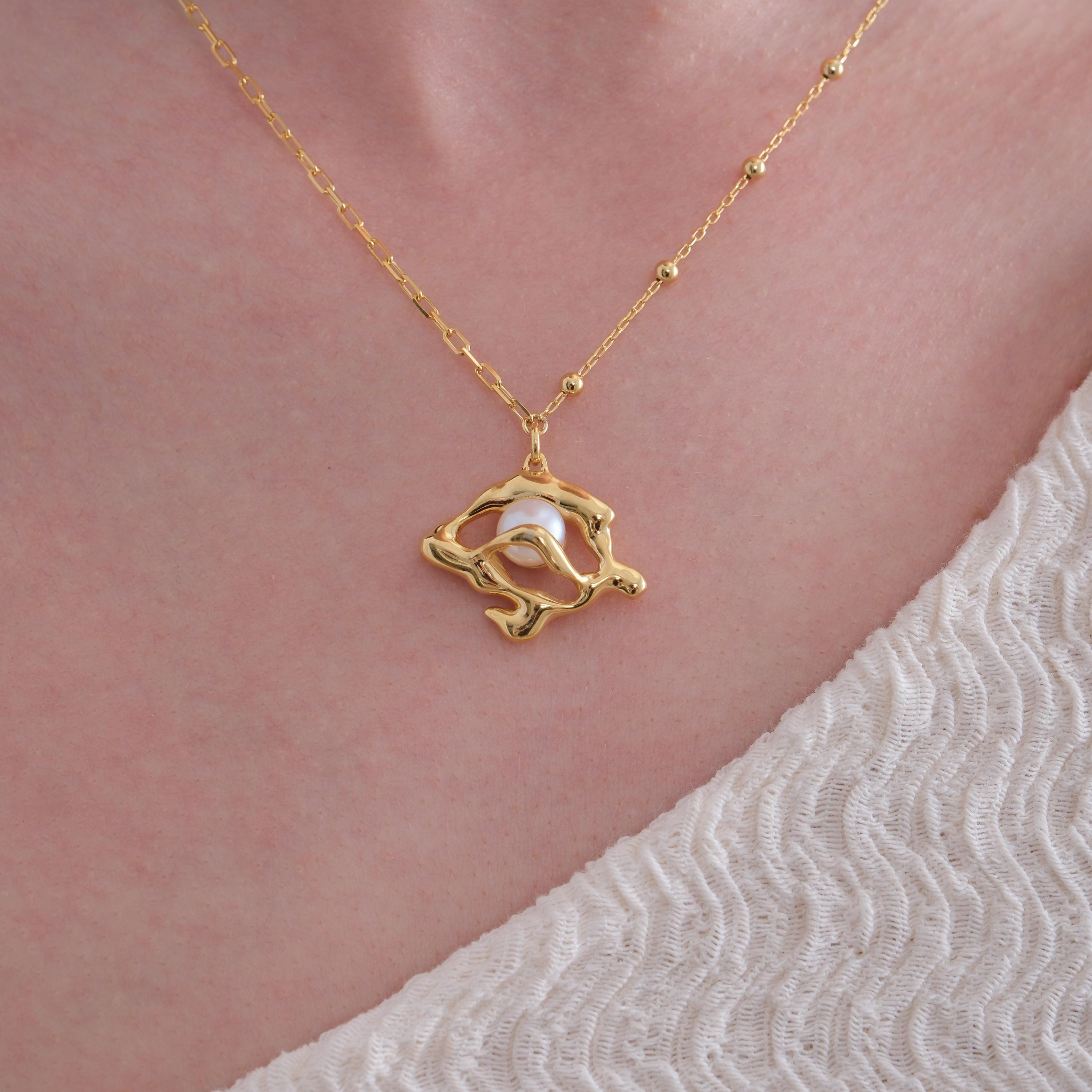 14K Gold Plated Abstract Single Pearl Necklace, Freshwater Pearl, Wedding Gift