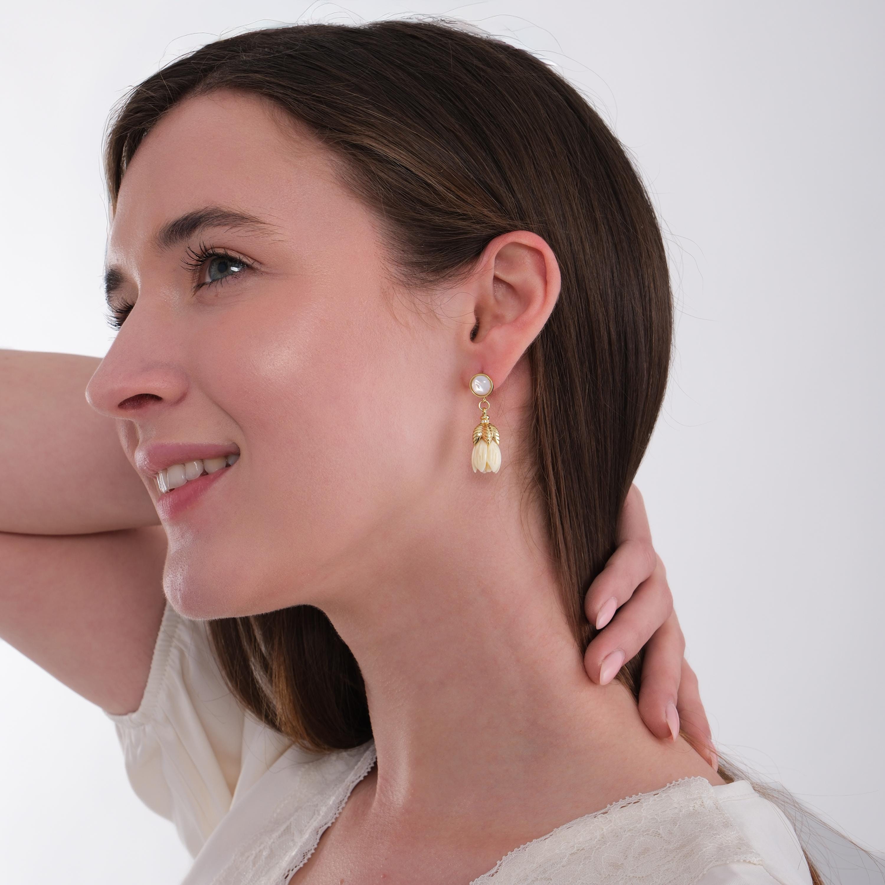 14K Gold Plated Tulip Earrings, Real Pearl Flower Earrings, Wedding Jewelry Gift