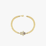14K Gold Plated Evil Eye Hamsa Bracelet, Cuban Link Bracelet, Birthday Gift