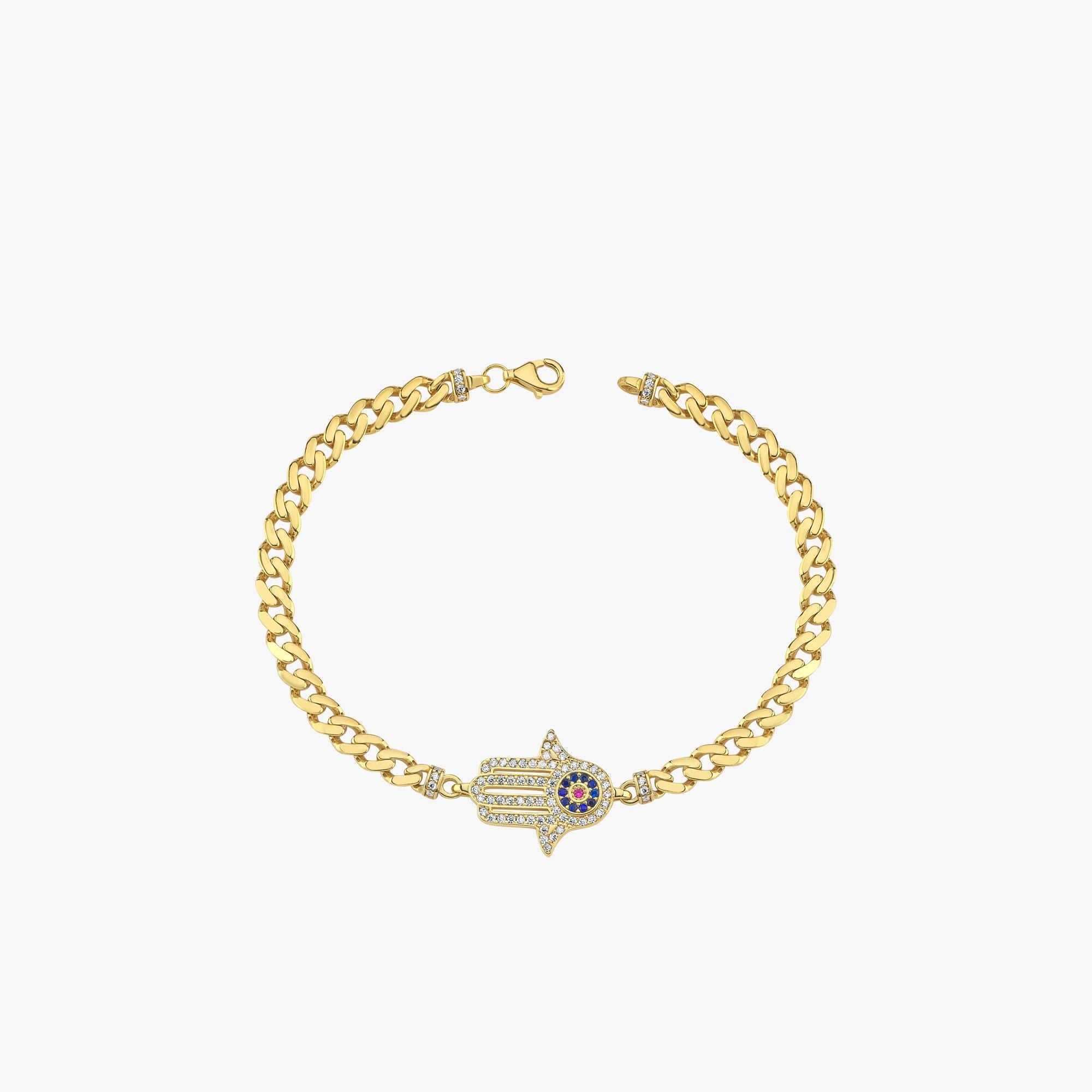 14K Gold Plated Evil Eye Hamsa Bracelet, Cuban Link Bracelet, Birthday Gift