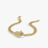 14K Gold Plated Evil Eye Hamsa Bracelet, Cuban Link Bracelet, Birthday Gift