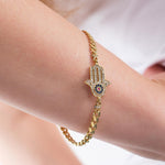 14K Gold Plated Evil Eye Hamsa Bracelet, Cuban Link Bracelet, Birthday Gift