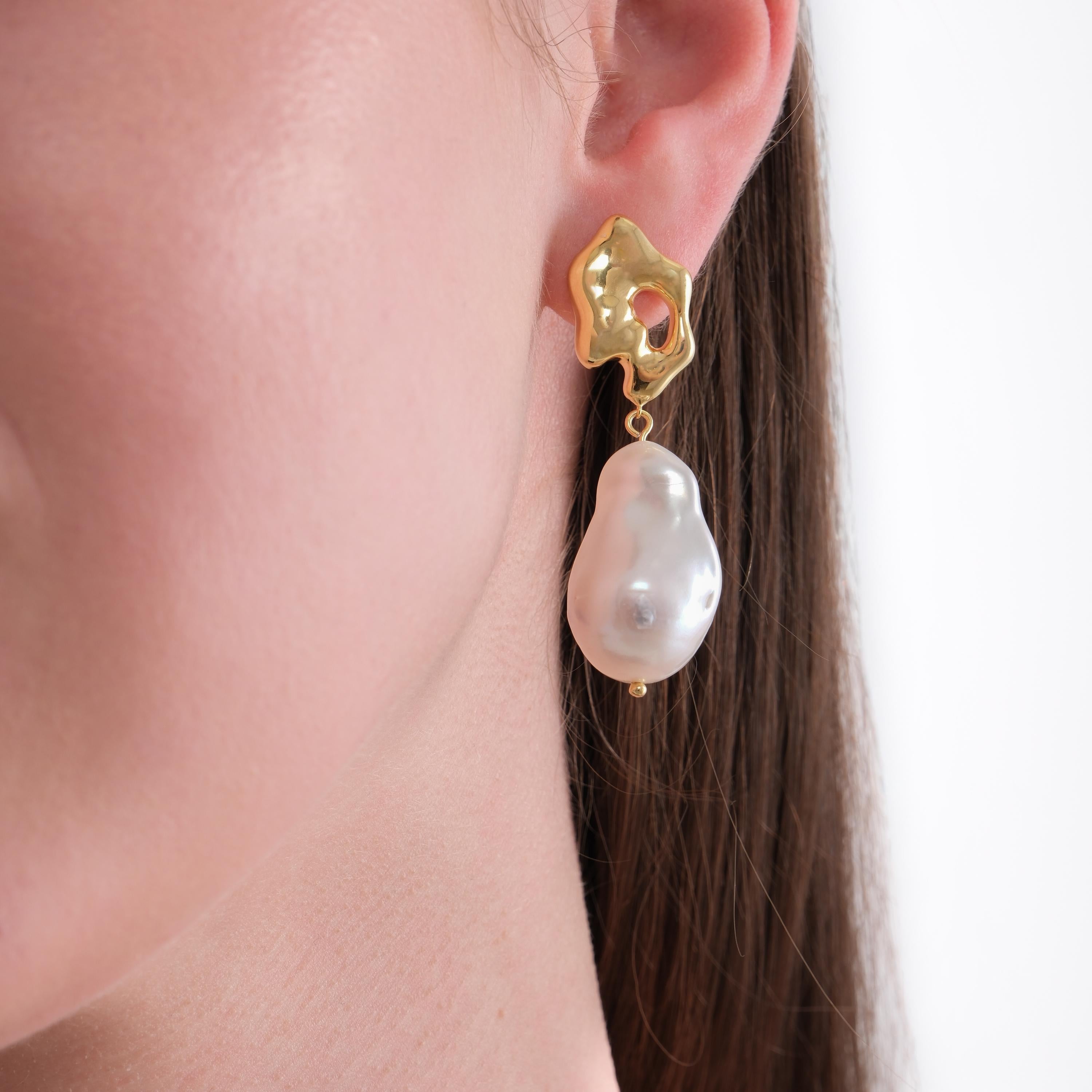 14K Gold Plated Baroque Pearl Earrings, Wedding Drop Earrings