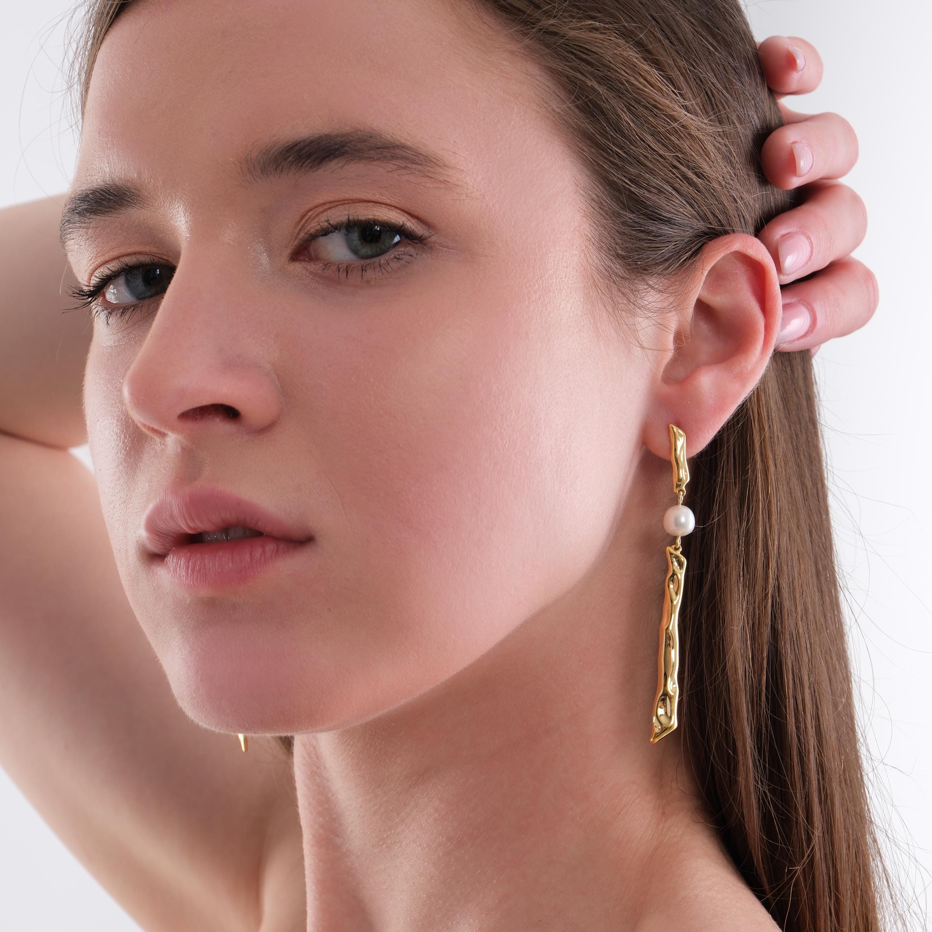 14K Gold Plated Sculptural Earrings with Baroque Pearl, Bridal Earrings Gift
