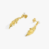 14K Gold Plated Freshwater Pearl Drop Earrings, Sculptural Leaf Earrings, Birthday Gift