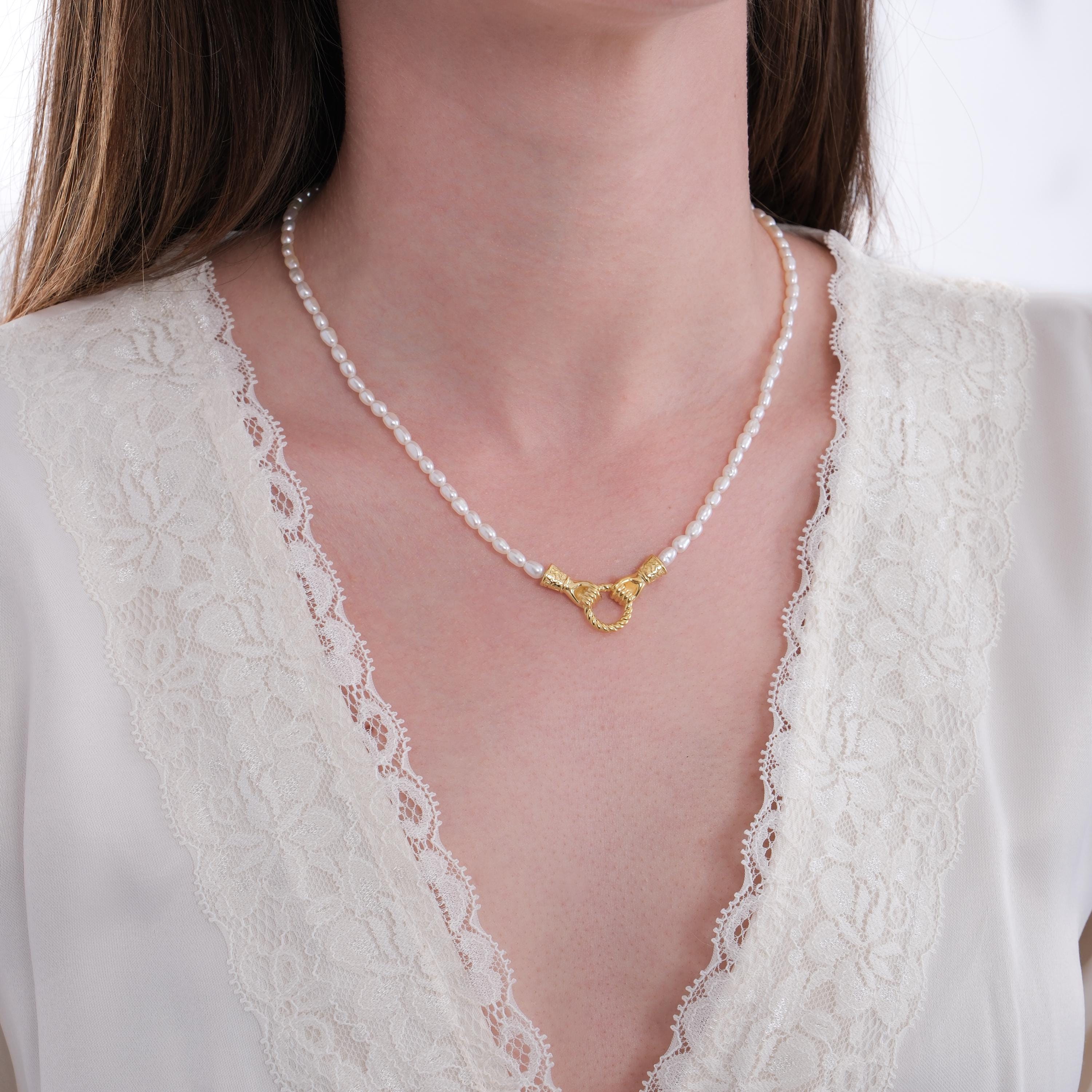 14K Gold Plated Holding Hands Necklace, Freshwater Pearl Necklace, Friendship Gift