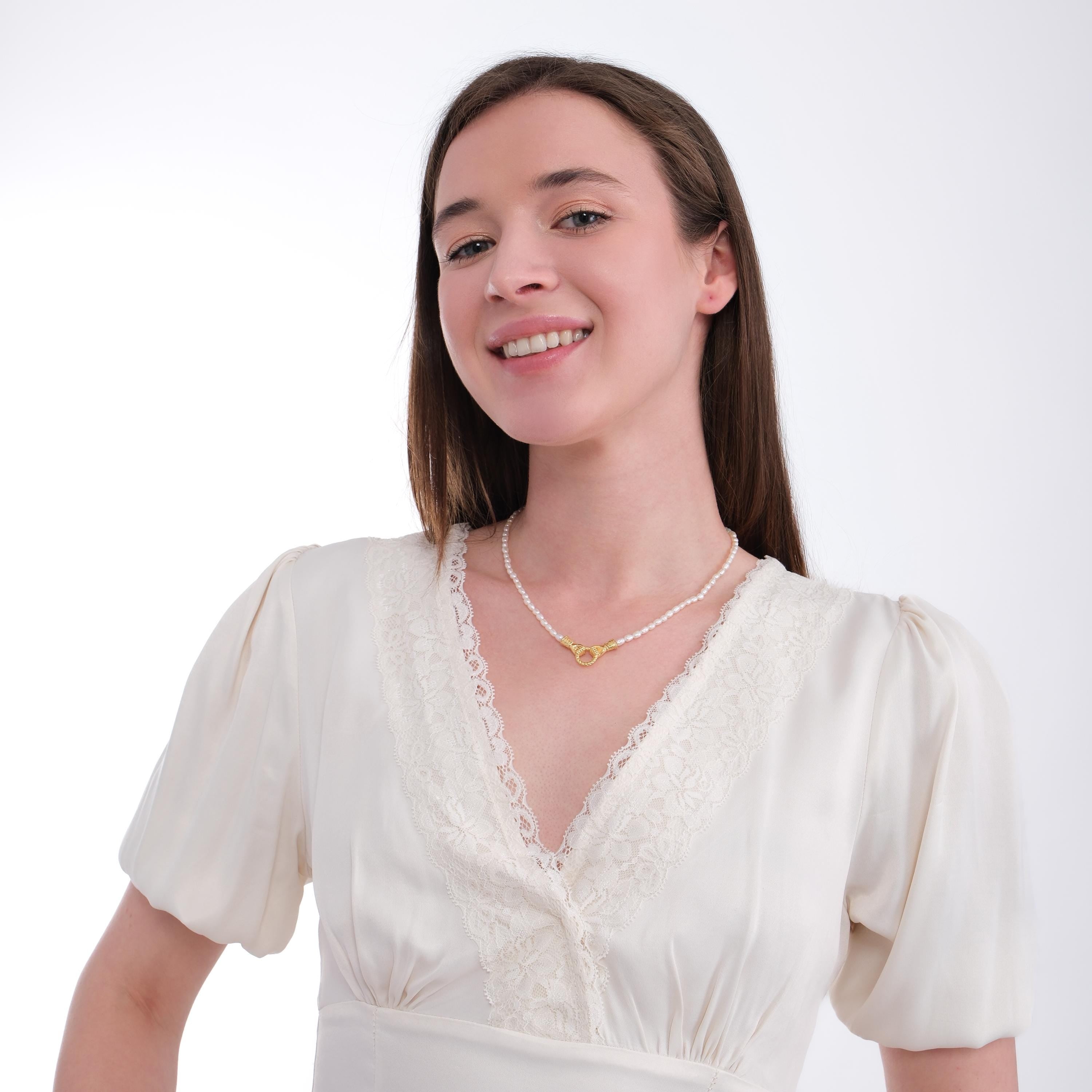 14K Gold Plated Holding Hands Necklace, Freshwater Pearl Necklace, Friendship Gift